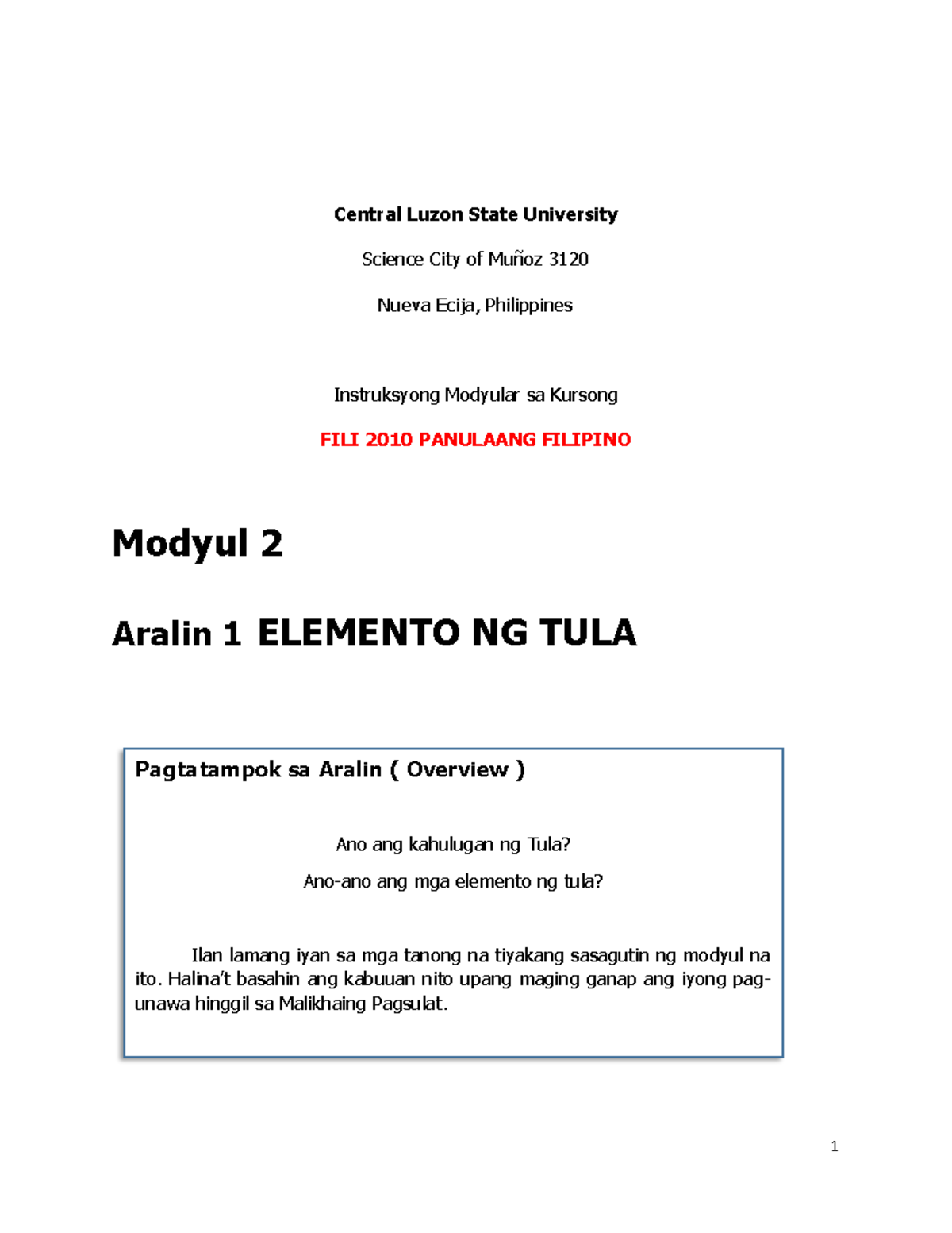 Mga elemento ng tula - Central Luzon State University Science City of ...