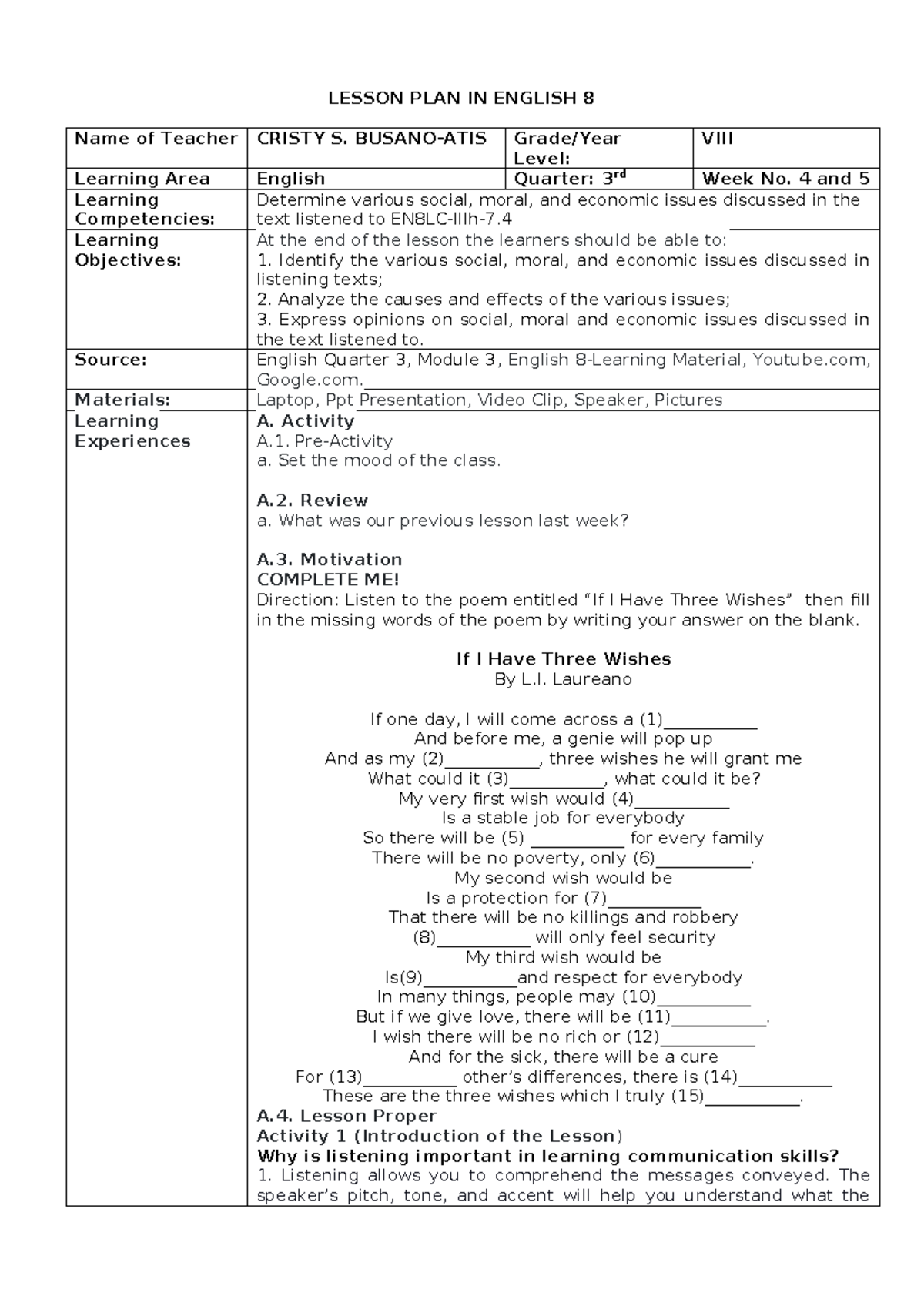 Lesson PLAN IN English 8-Moral Issues - LESSON PLAN IN ENGLISH 8 Name ...