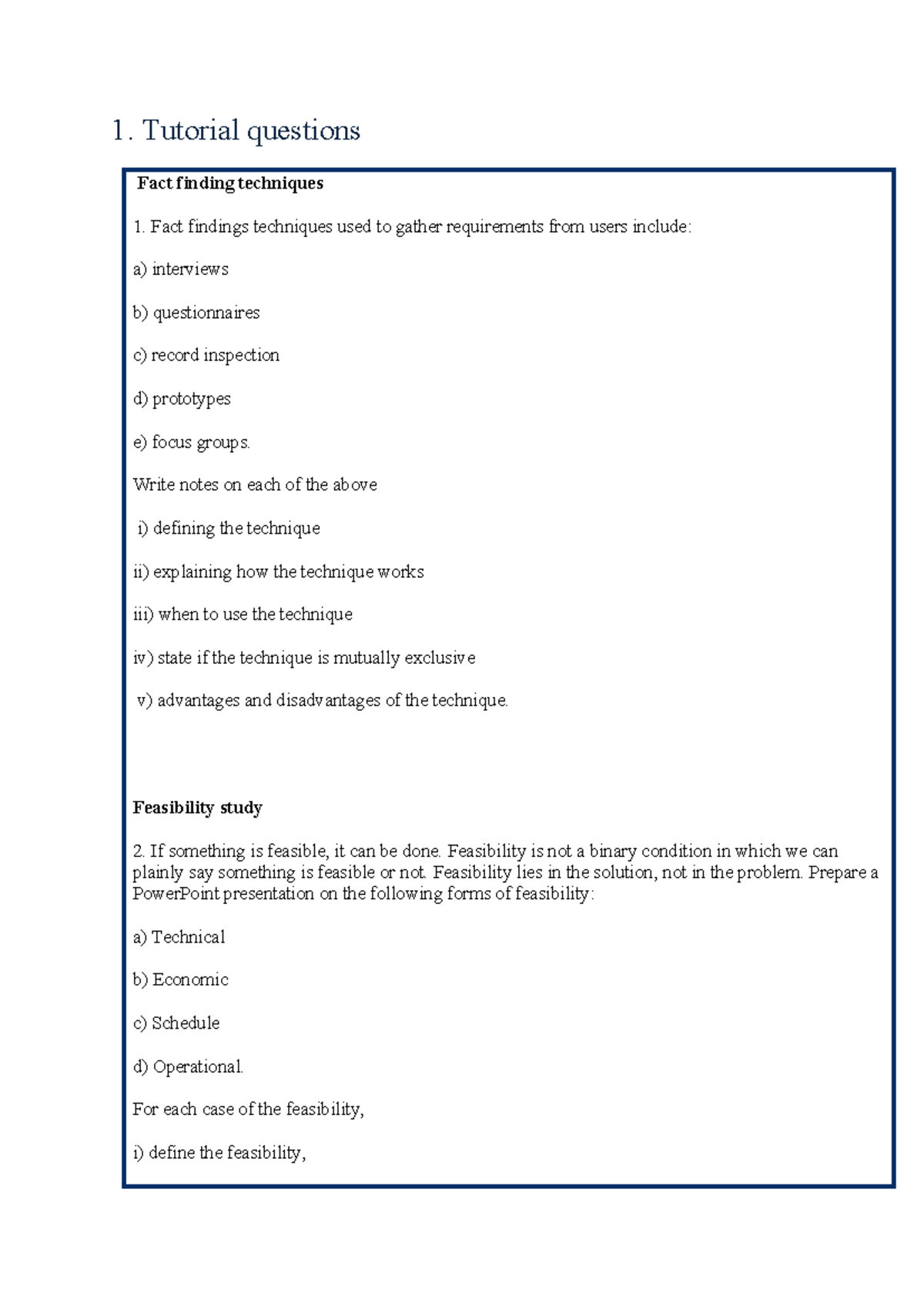 SD Tutorial 2: Fact Finding Techniques & Feasibility Study Notes - Studocu