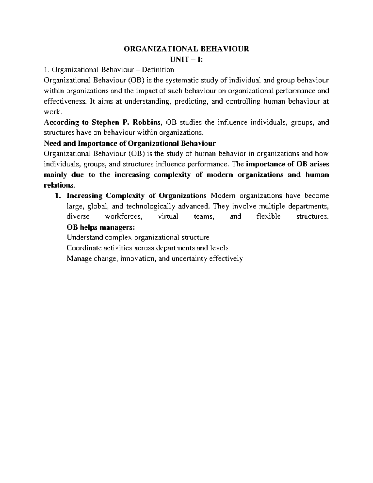 Organizational Behaviour (OB) Detailed Notes: Units I & II Overview ...