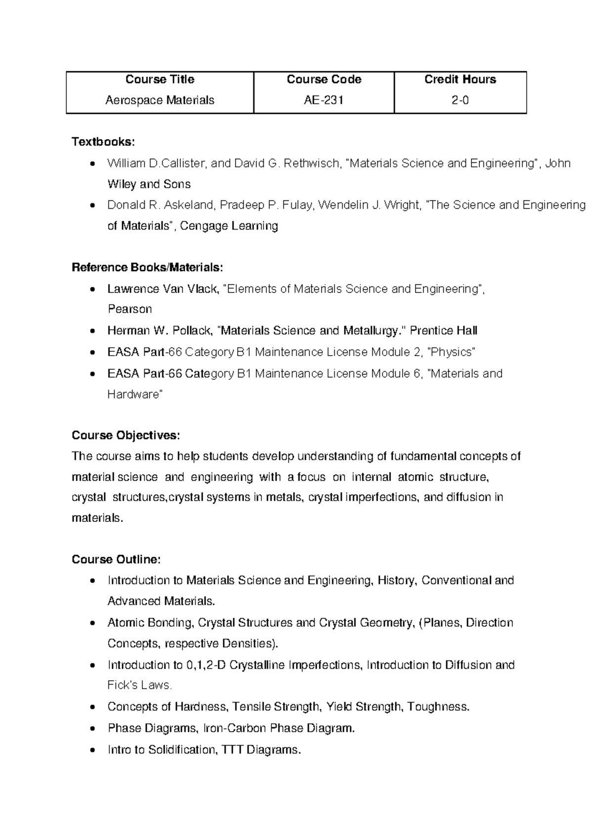 Aerospace Materials AE-231 Course Overview and Textbook Guide - Studocu