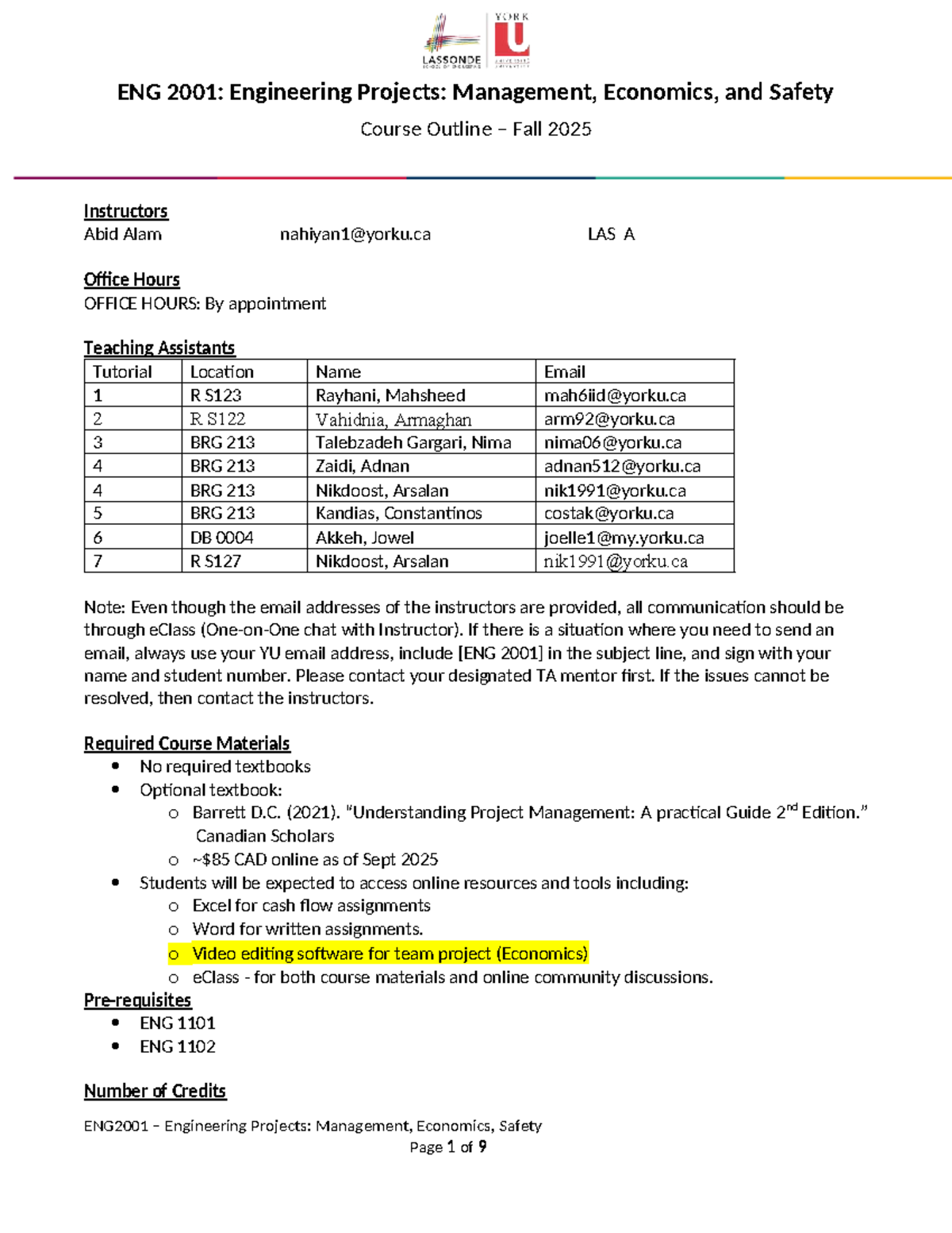 ENG 2001: Course Outline for Engineering Projects Management & Safety ...