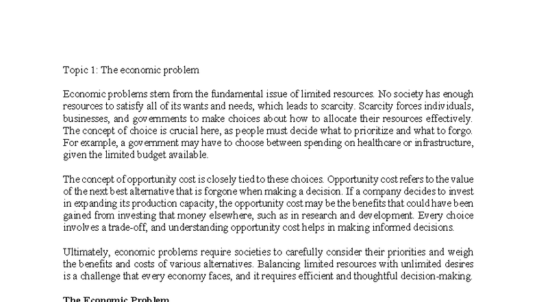 ECON 101: Topic 1 - The Economic Problem and Scarcity - Studocu