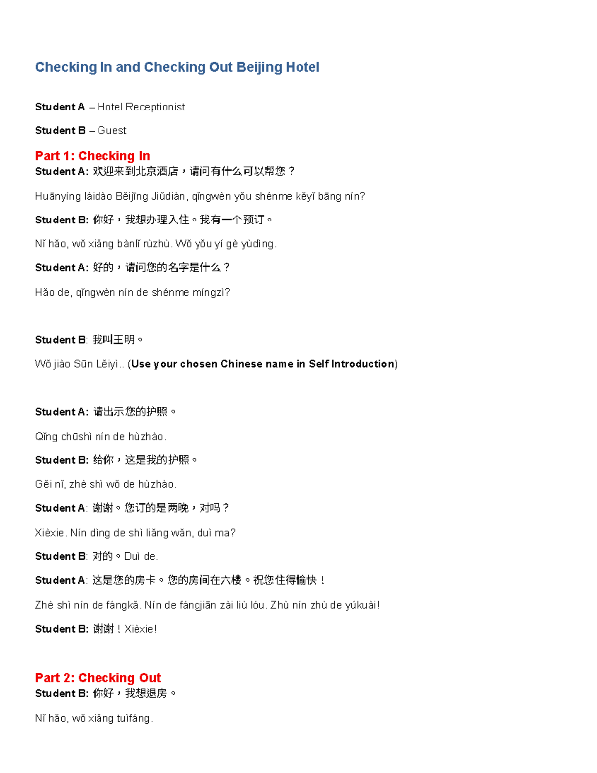 Beijing Hotel Dialogue: Check-In & Check-Out Role Play - Studocu