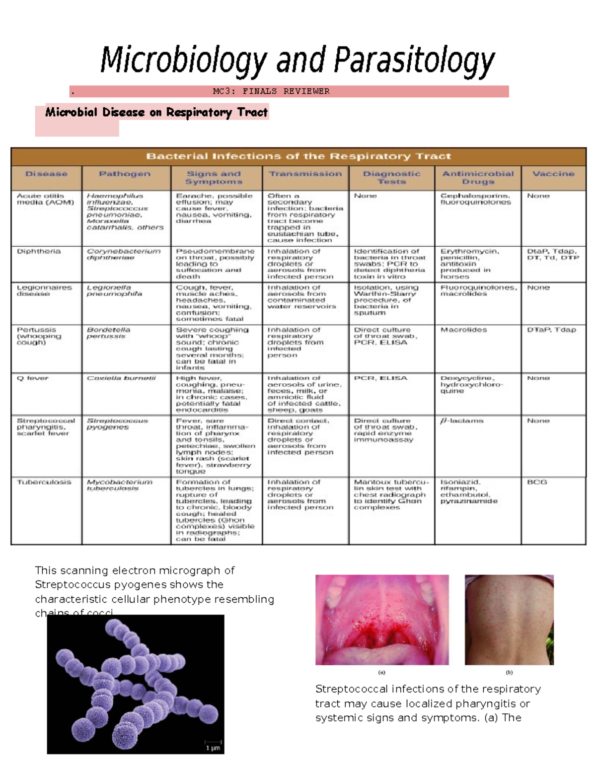 Microbiology and Parasitology MC3: Finals Reviewer on Respiratory ...