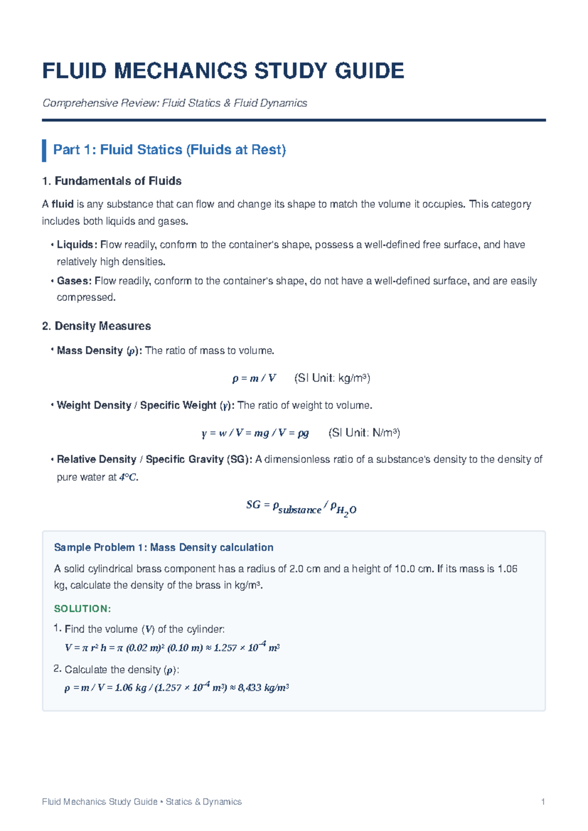 Fluid Mechanics Study Guide: Comprehensive Review of Statics & Dynamics ...