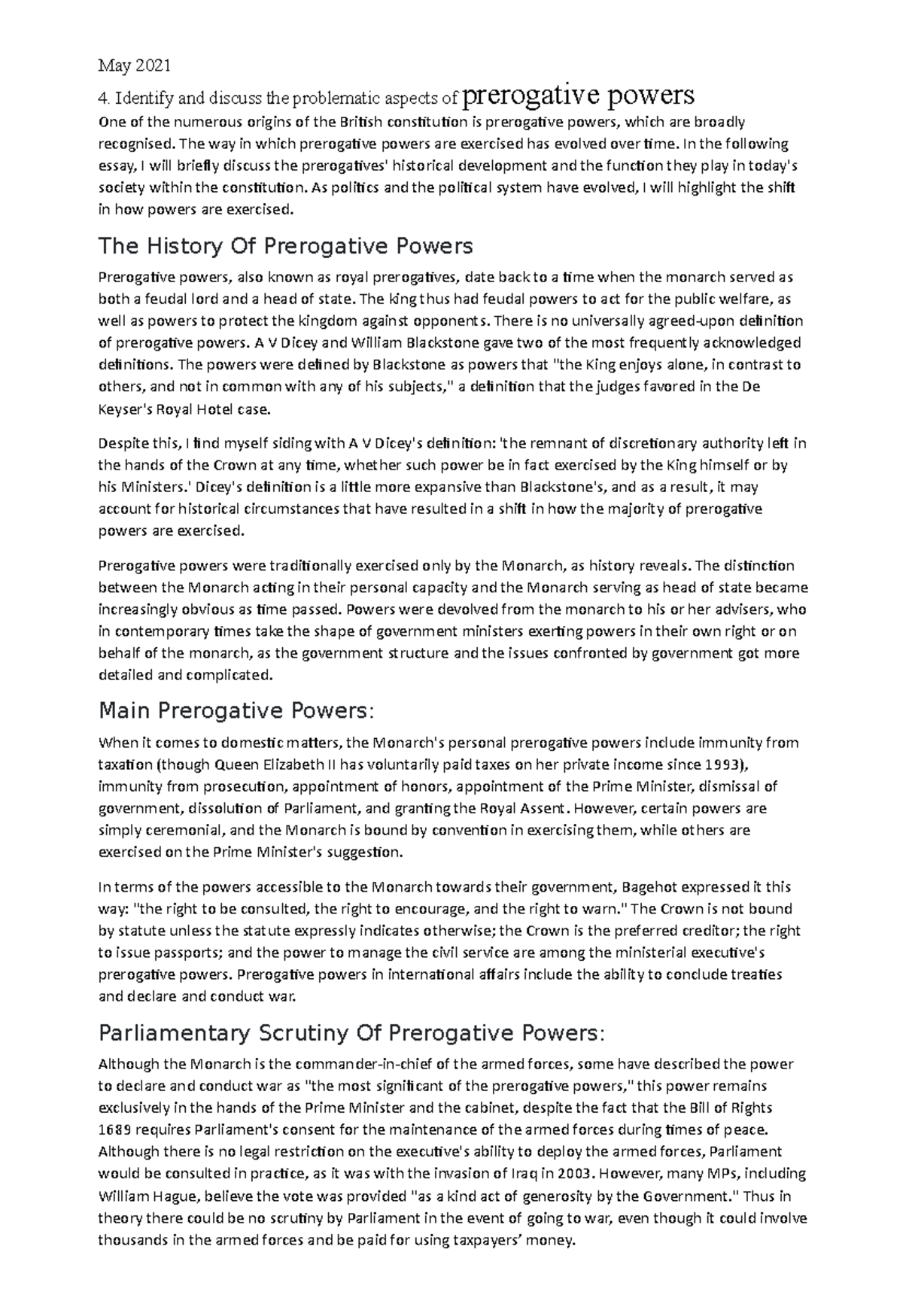 Prerogative Powers: Issues and Judicial Scrutiny - May 2021 Essay - Studocu