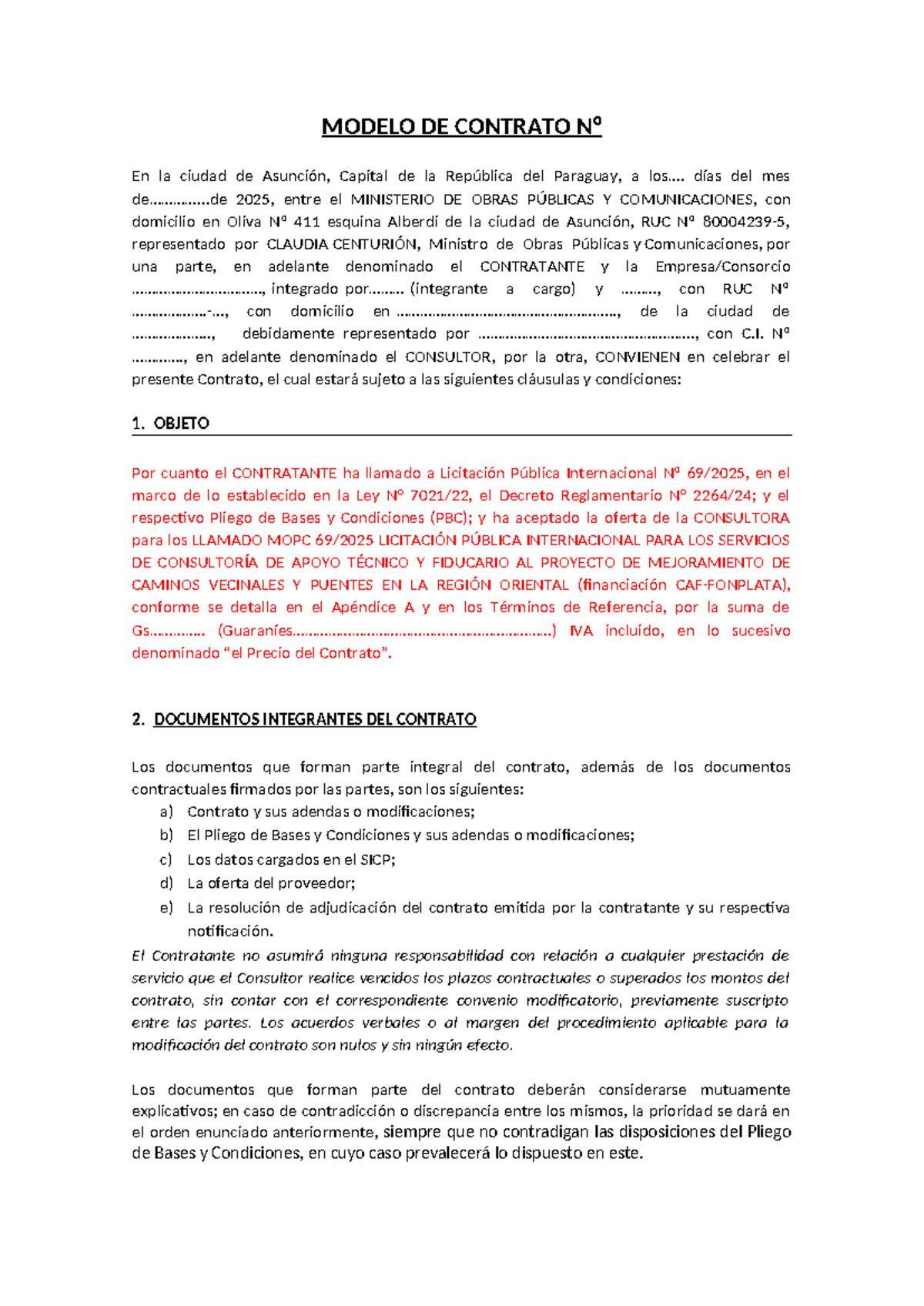Modelo De Contrato MOPC Licitaci n P blica Internacional 2025 Studocu