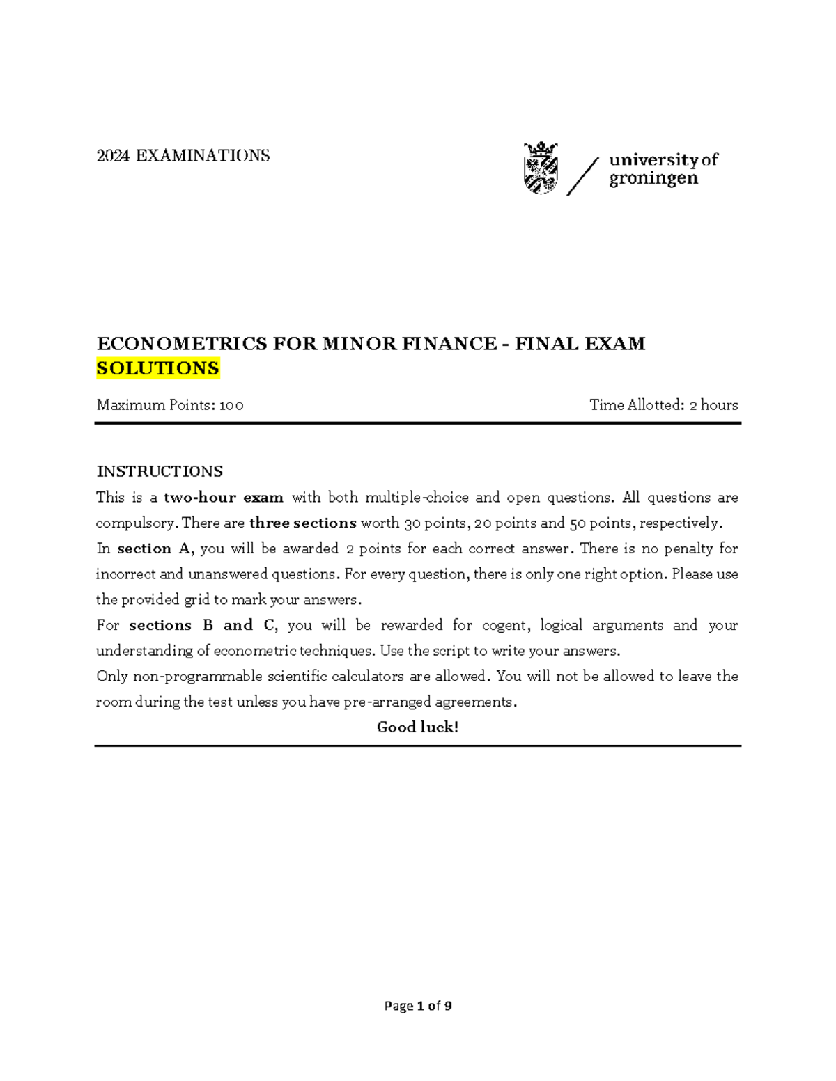 Econometrics Final Exam Solutions for EMF 0124: Key Insights & Answers ...