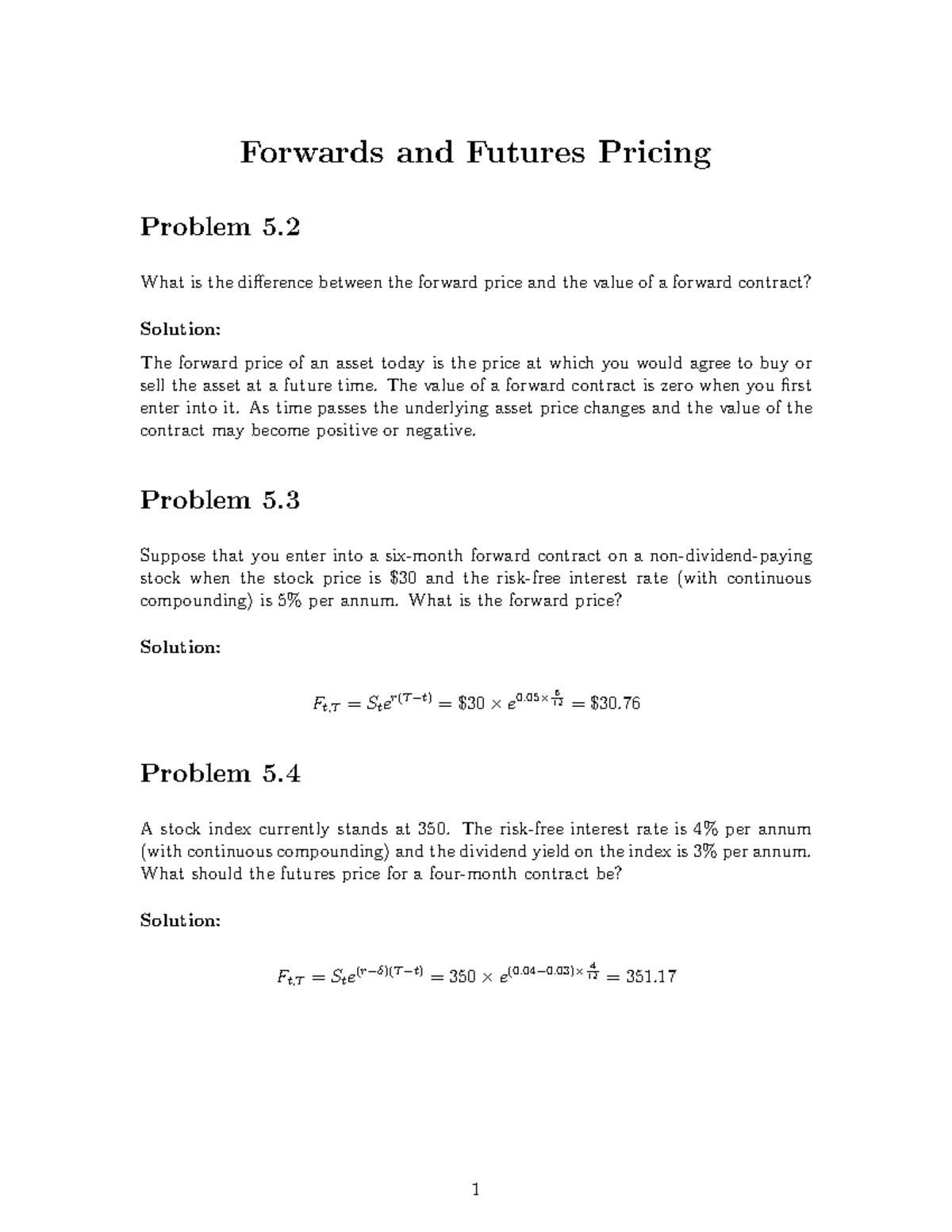 Practice Problems with Solutions - Forward & Futures Pricing Analysis ...