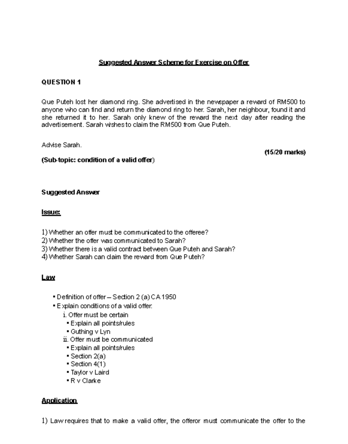 Suggested Answer Scheme for Exercise on Offer (LAW101) - Studocu