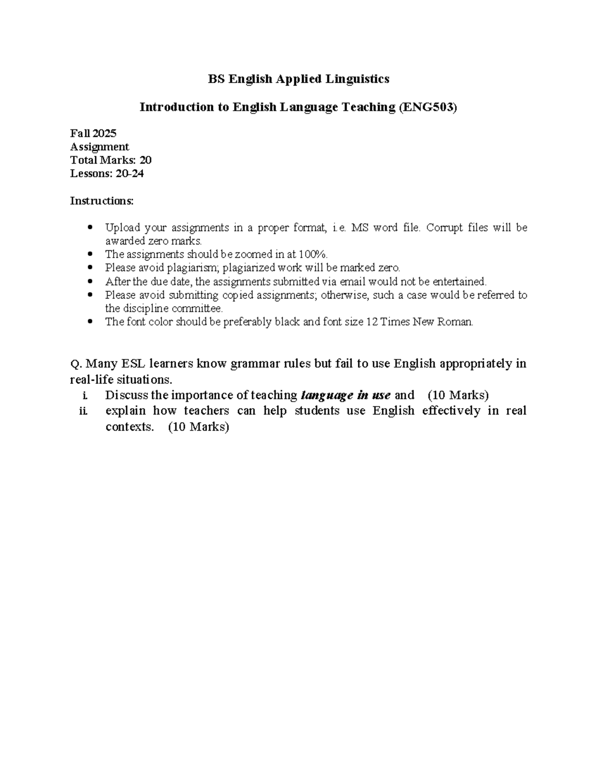 Fall 2025 ENG503 Assignment: Teaching Language in Use - Studocu