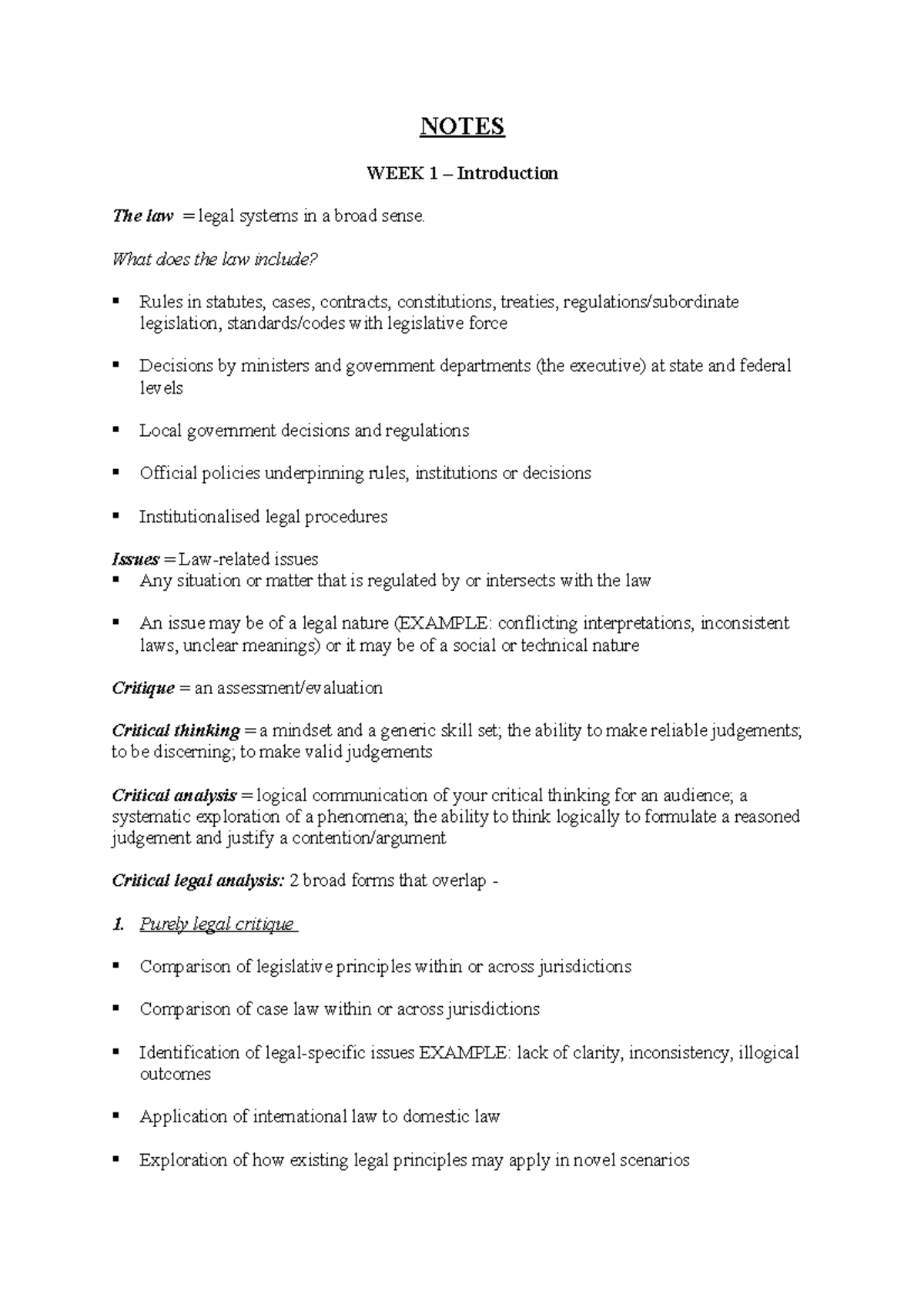 Lecture Notes and Summaries - NOTES WEEK 1 – Introduction The law ...