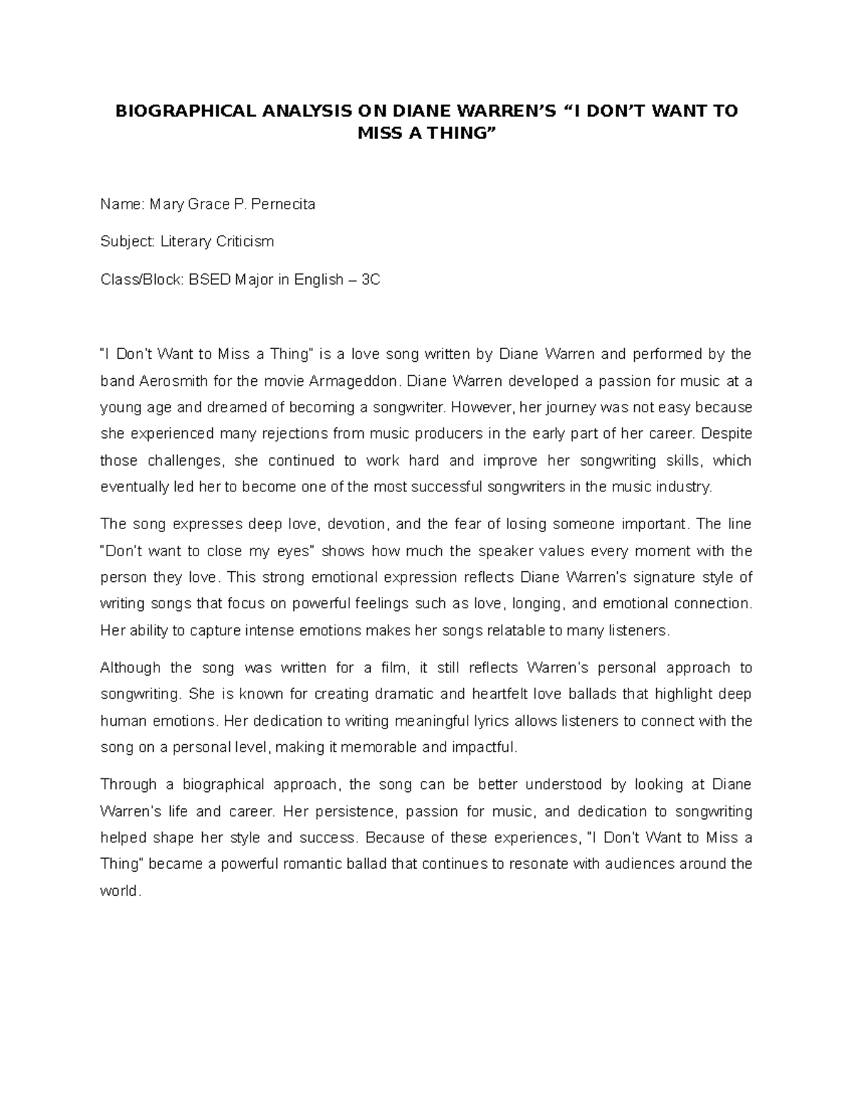 BSED 3C Literary Criticism: Biographical Analysis of Diane Warren - Studocu