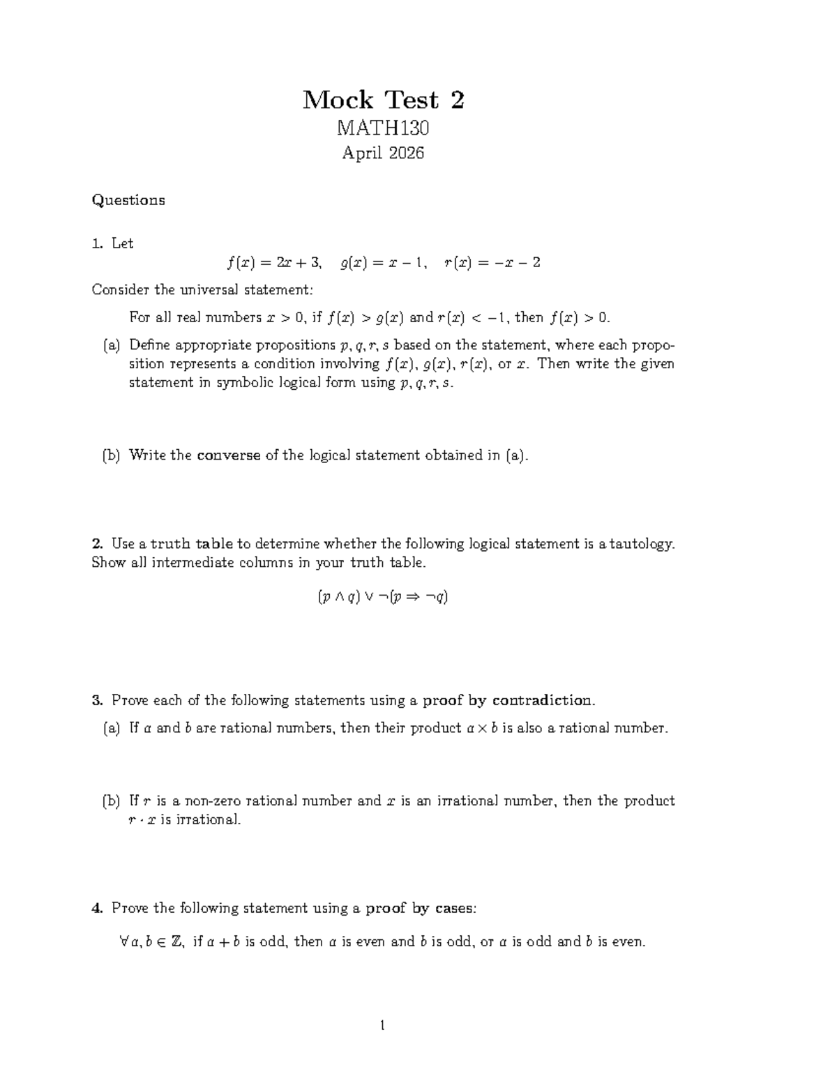 Mock Test 2 MATH130 April 2026: Logic & Proofs Questions - Studocu