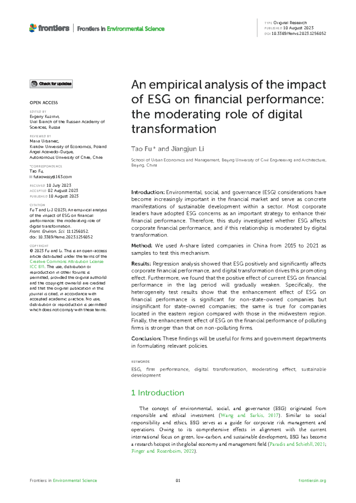 Fenvs-11-1256052: ESG Impact on Financial Performance & Digital ...
