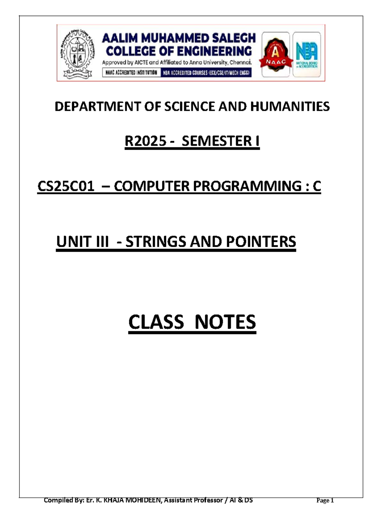CS25C01-UT-III- Computer Programming: Strings & Pointers Notes - Studocu