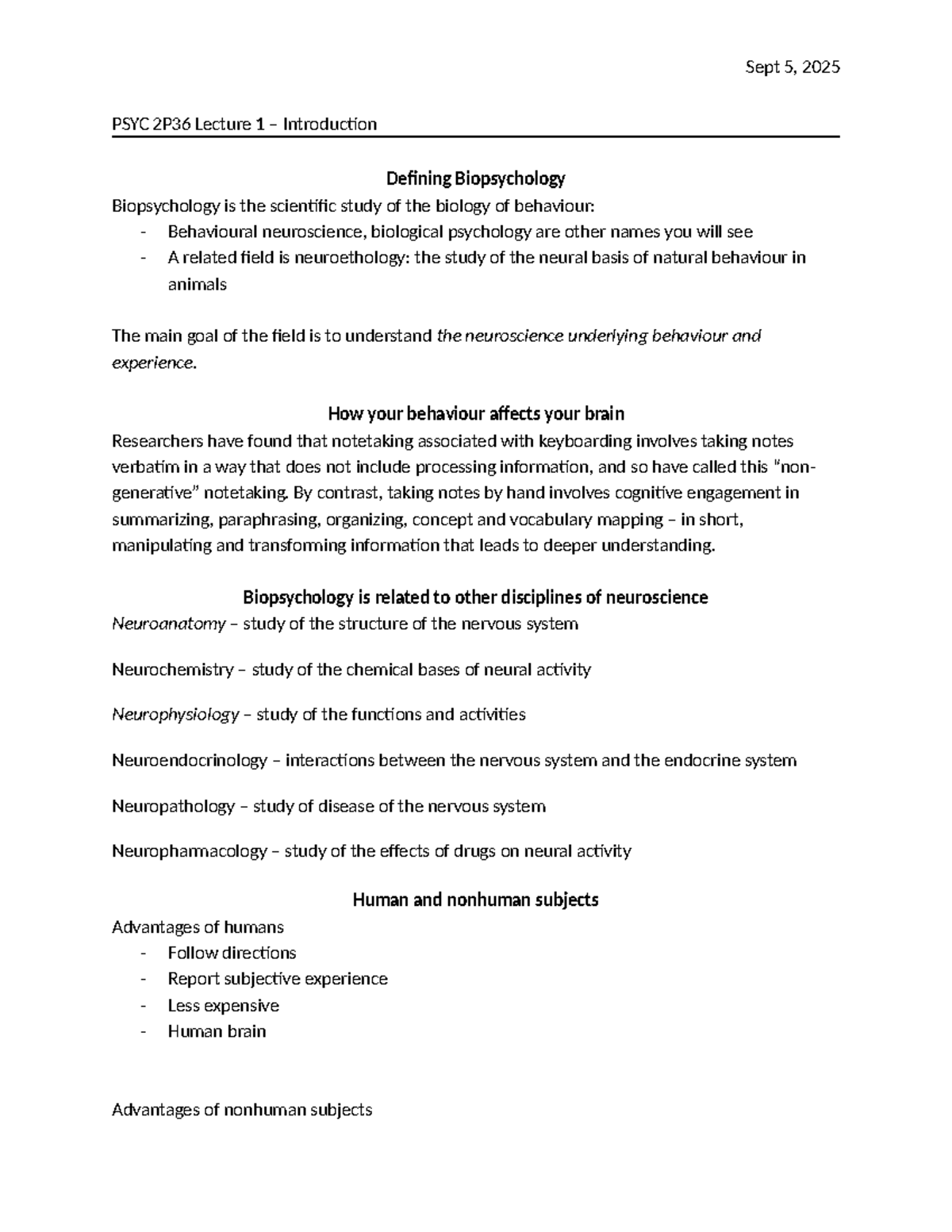 PSYC 2P36 Lecture 1: Introduction to Biopsychology and Its Methods ...