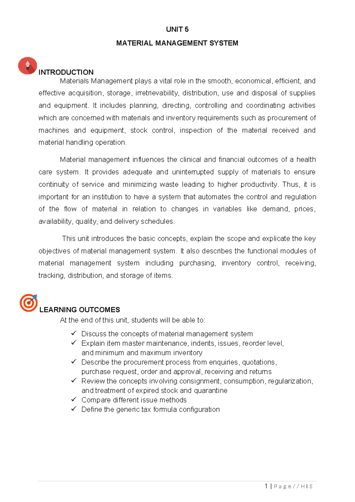 UNIT 5: Materials Management System Overview and Key Objectives - Studocu