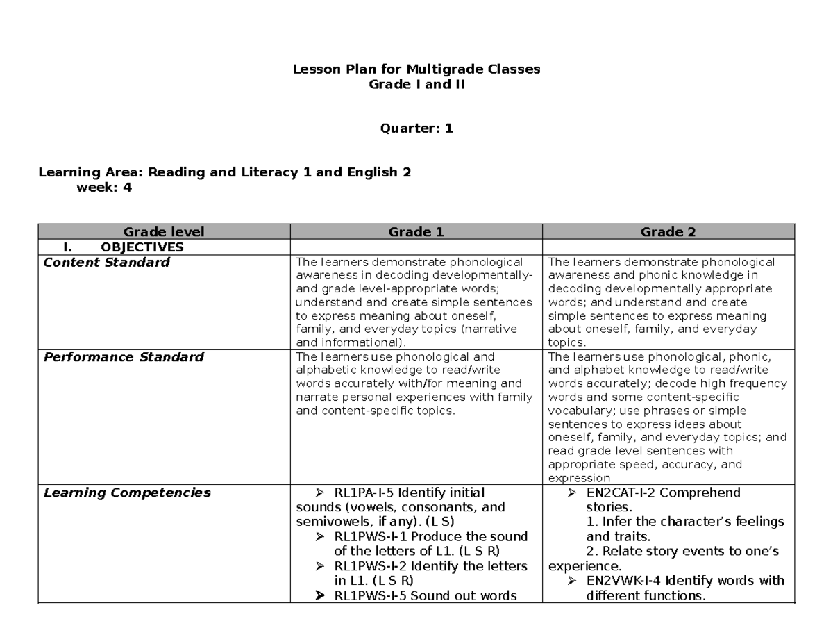 Lesson Plan for Multigrade Classes (Grade I & II) - Reading & Literacy ...