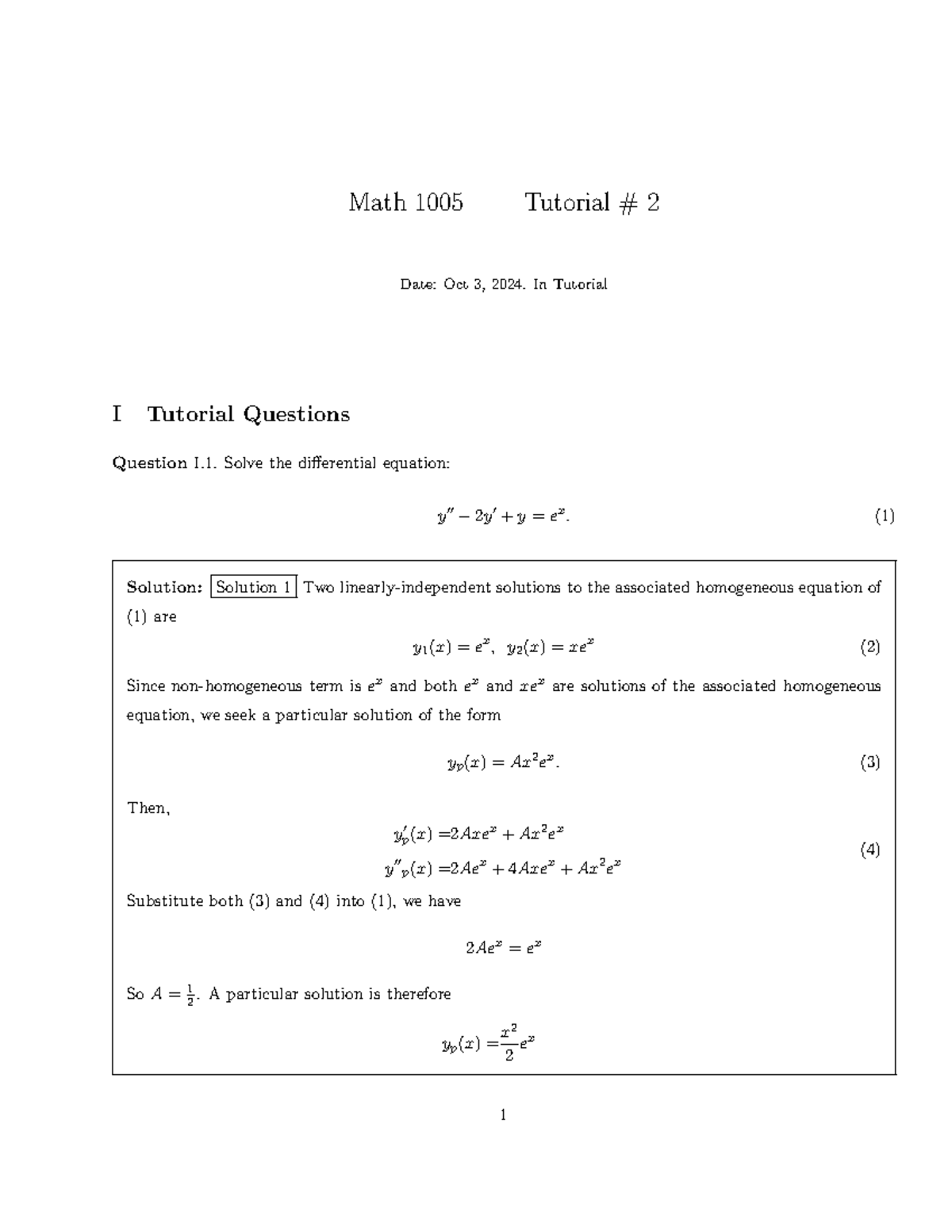 Solutions tutorial 2 - awdsdwad - Math 1005 Tutorial # 2 Date: Oct 3 ...