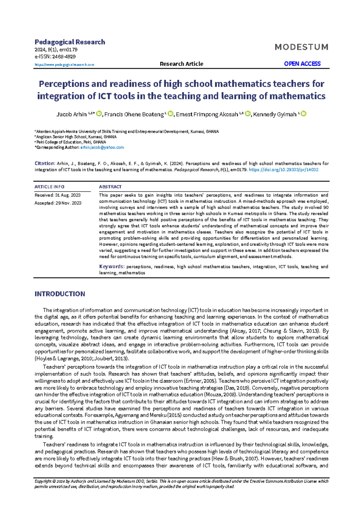 Perceptions & Readiness of High School Math Teachers for ICT ...
