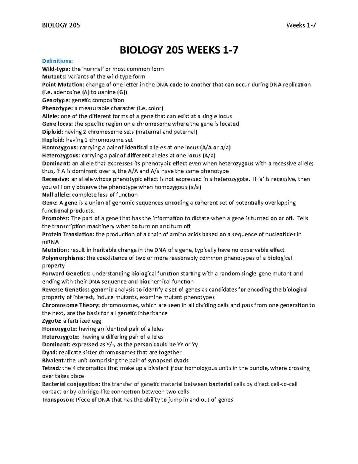Lecture Notes - BIOL 205 Midterm Review: Weeks 1-7 Insights - Studocu