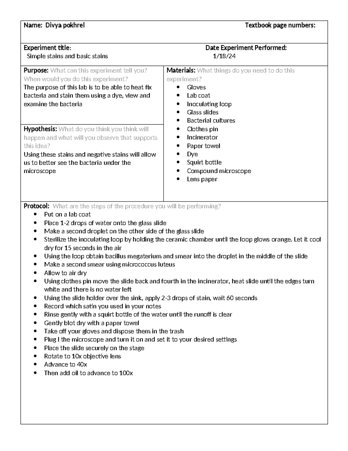 BIOL 258 Lab Worksheet: Simple and Negative Staining Procedures - Studocu