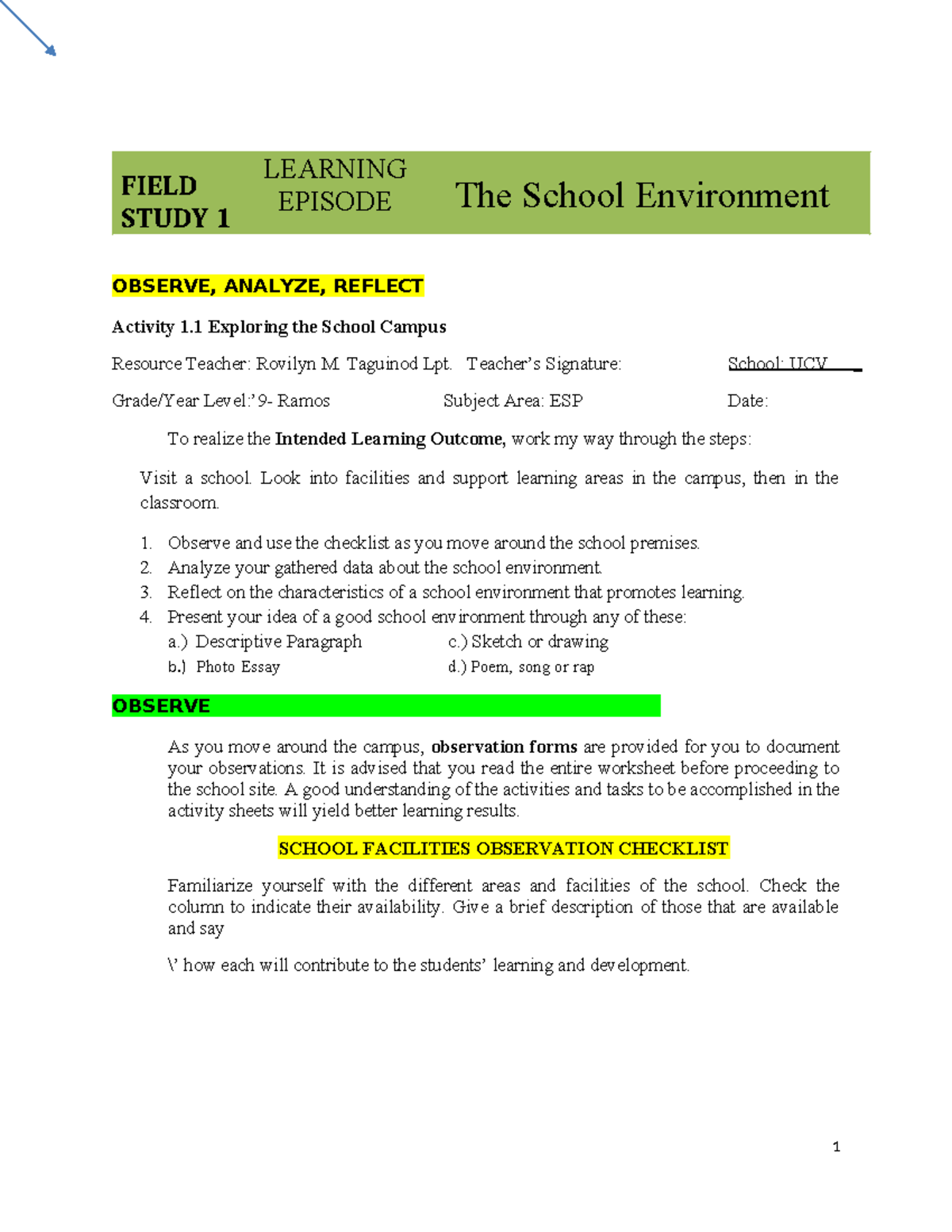 548675412 Field Study 1 Finale - FIELD STUDY 1 LEARNING EPISODE The ...
