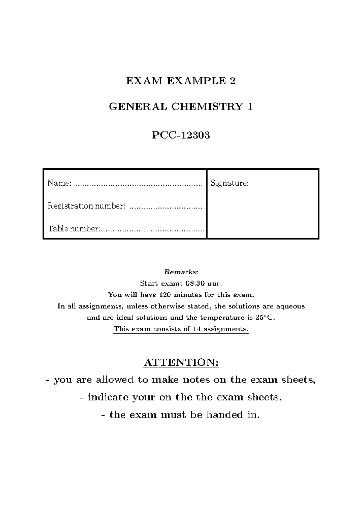 PCC-12303 General Chemistry 1 Exam Example 2 - Studeersnel