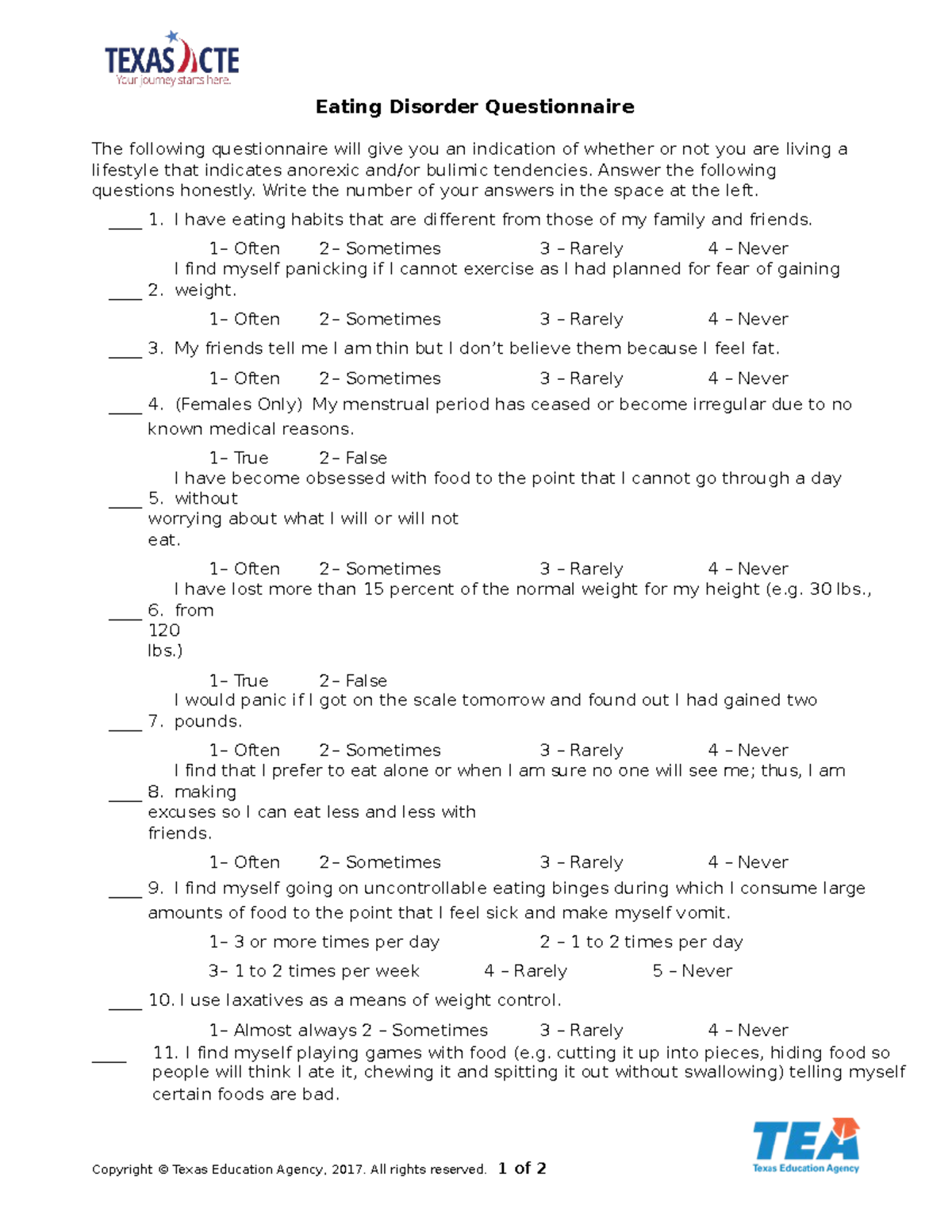 Eating Disorder Questionnaire - Answer the following questions honestly ...