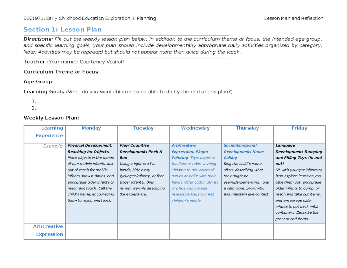 EEC1971: Lesson Plan & Reflection for Early Childhood Education - Studocu