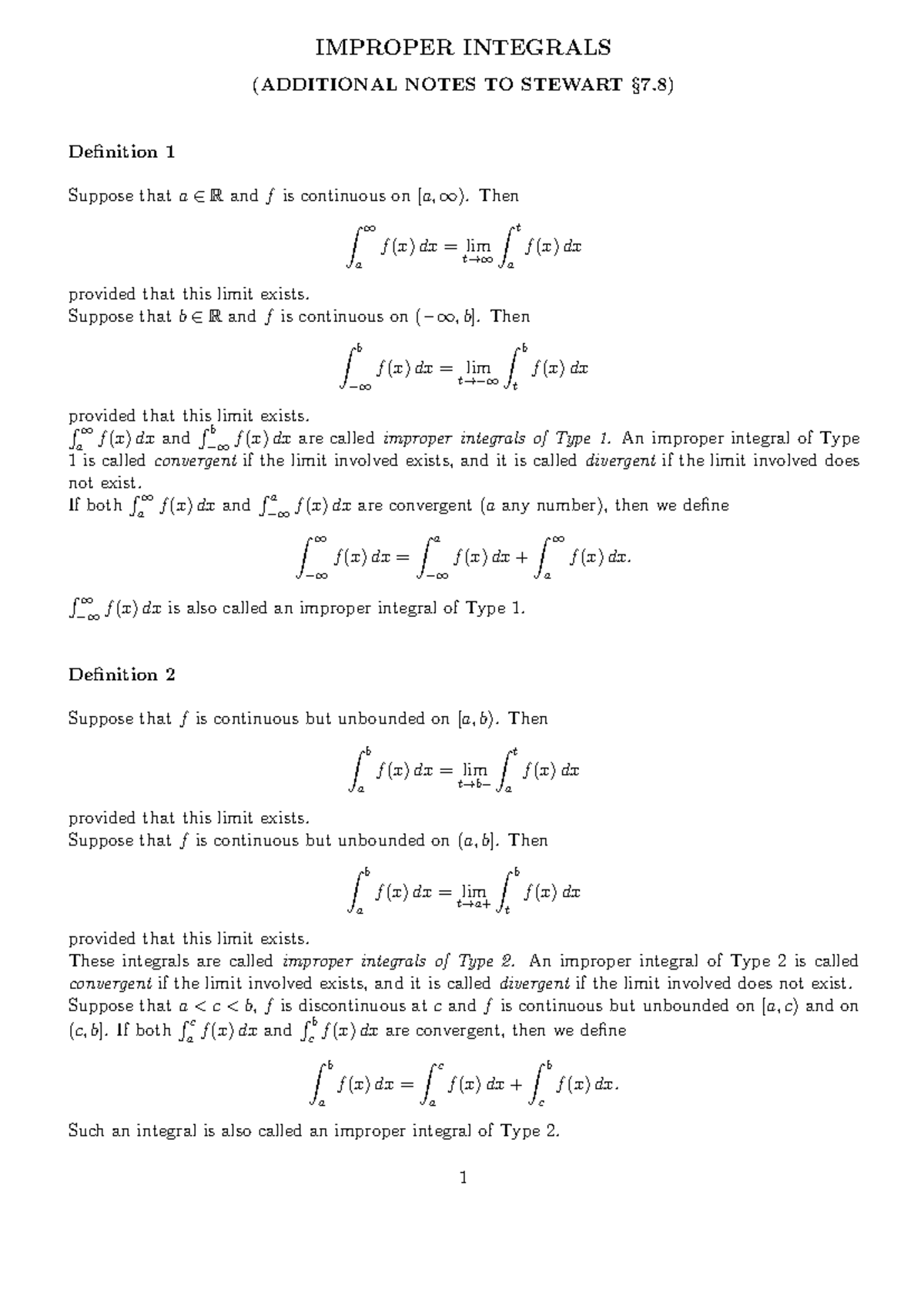 Improper Integrals: Additional Notes for Stewart's Calculus Course ...
