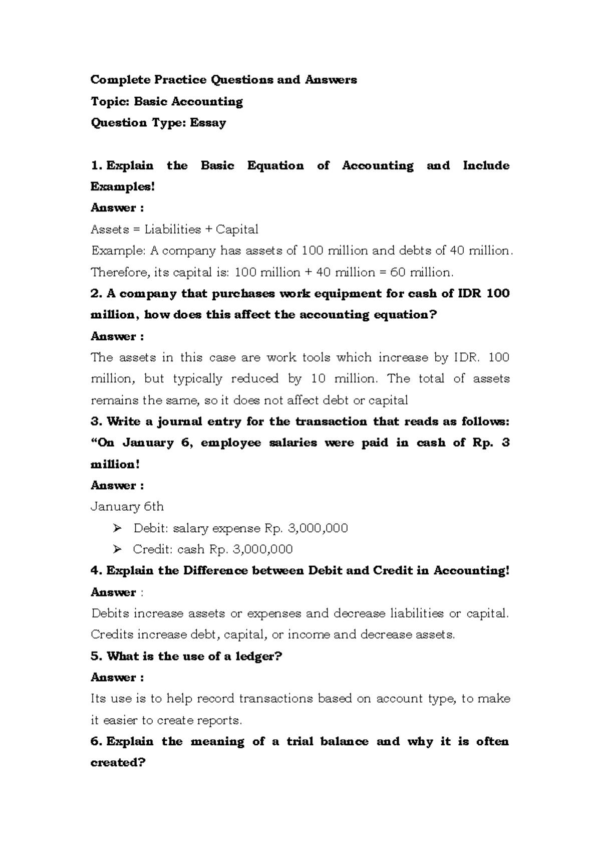 Basic Accounting - Practice Questions & Answers (Essay) - Studocu