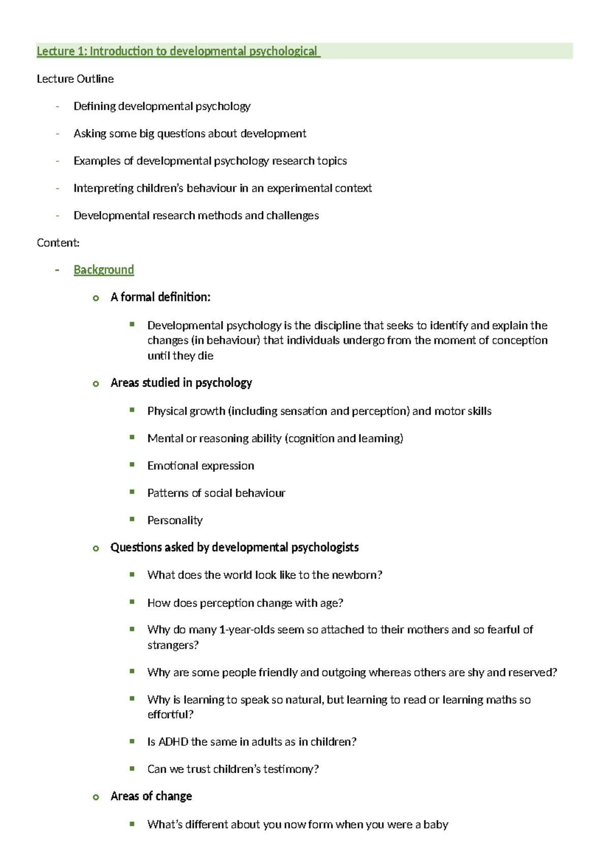 Developmental Psychology (PSY 101): Lecture 1 Overview and Key Concepts ...
