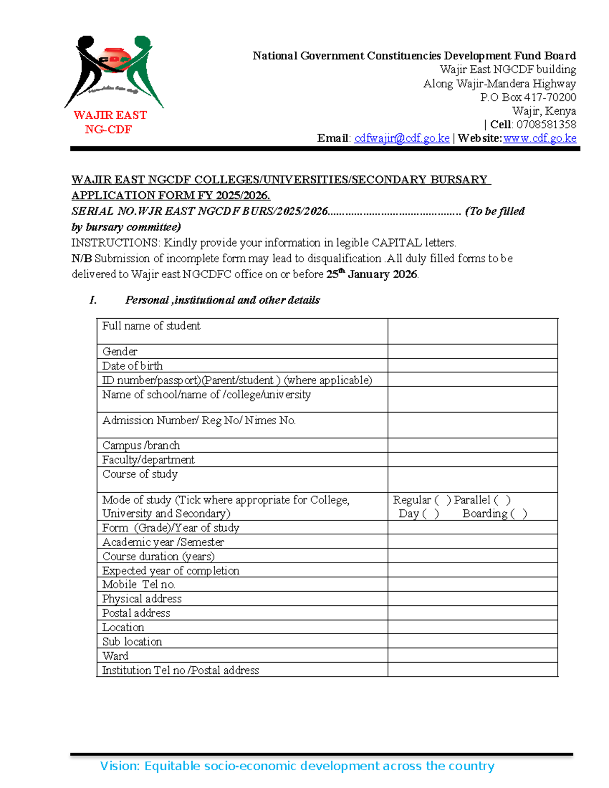 Wajir EAST NGCDF Bursary Application Form FY 2025/26 - Studocu