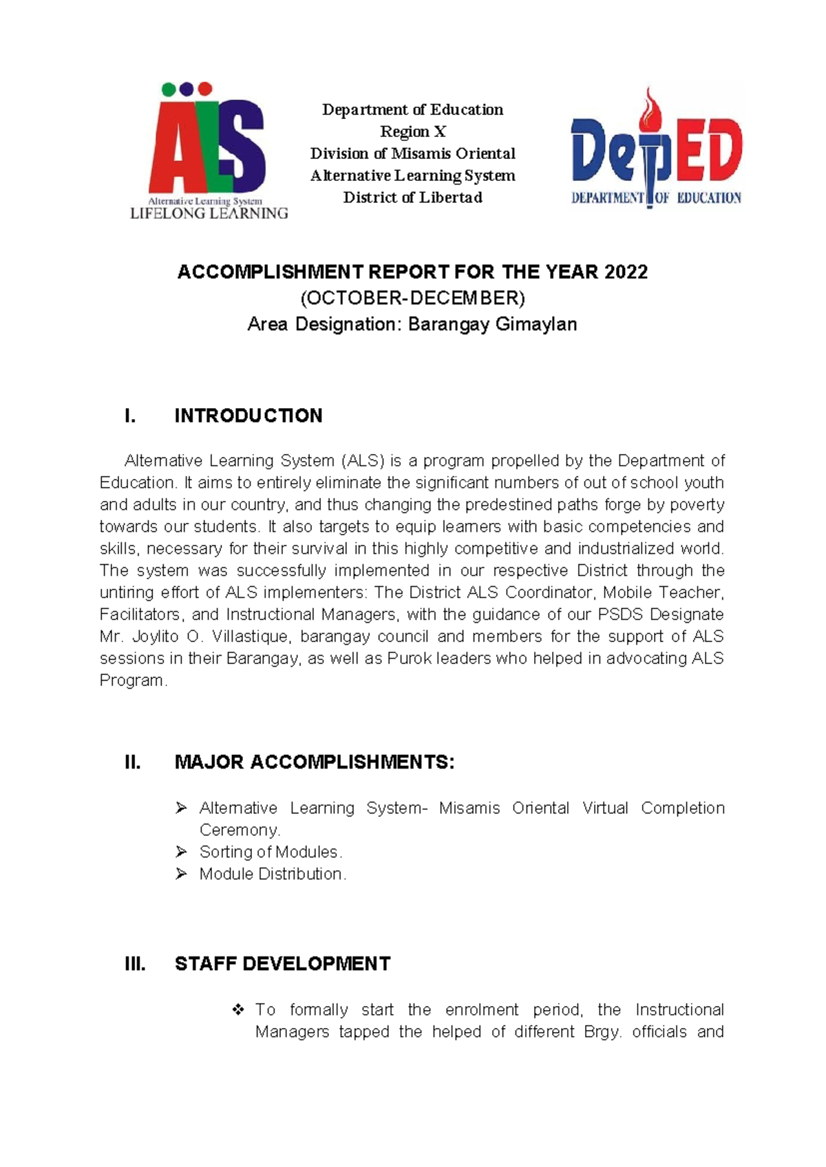 Accomplishment Report 2022: Alternative Learning System - Misamis ...