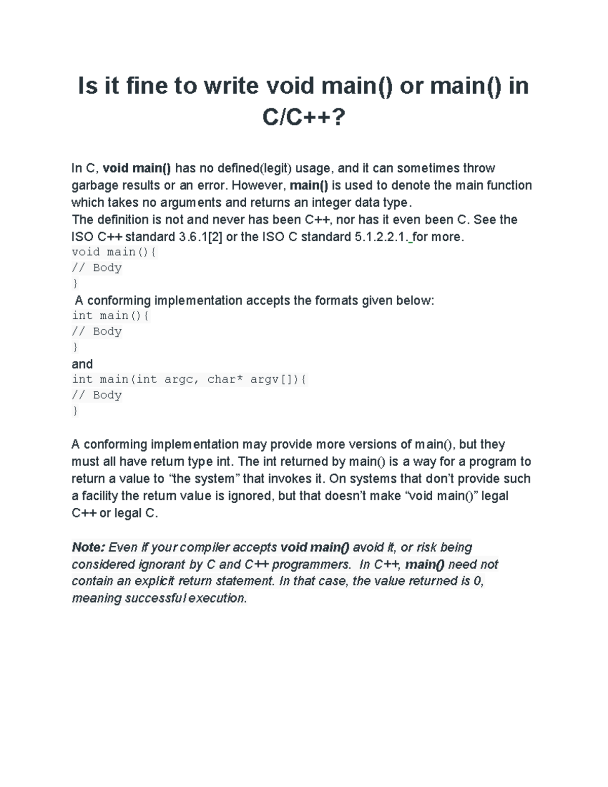 Is it fine to write void main() or main() in C C++ - Is it fine to ...