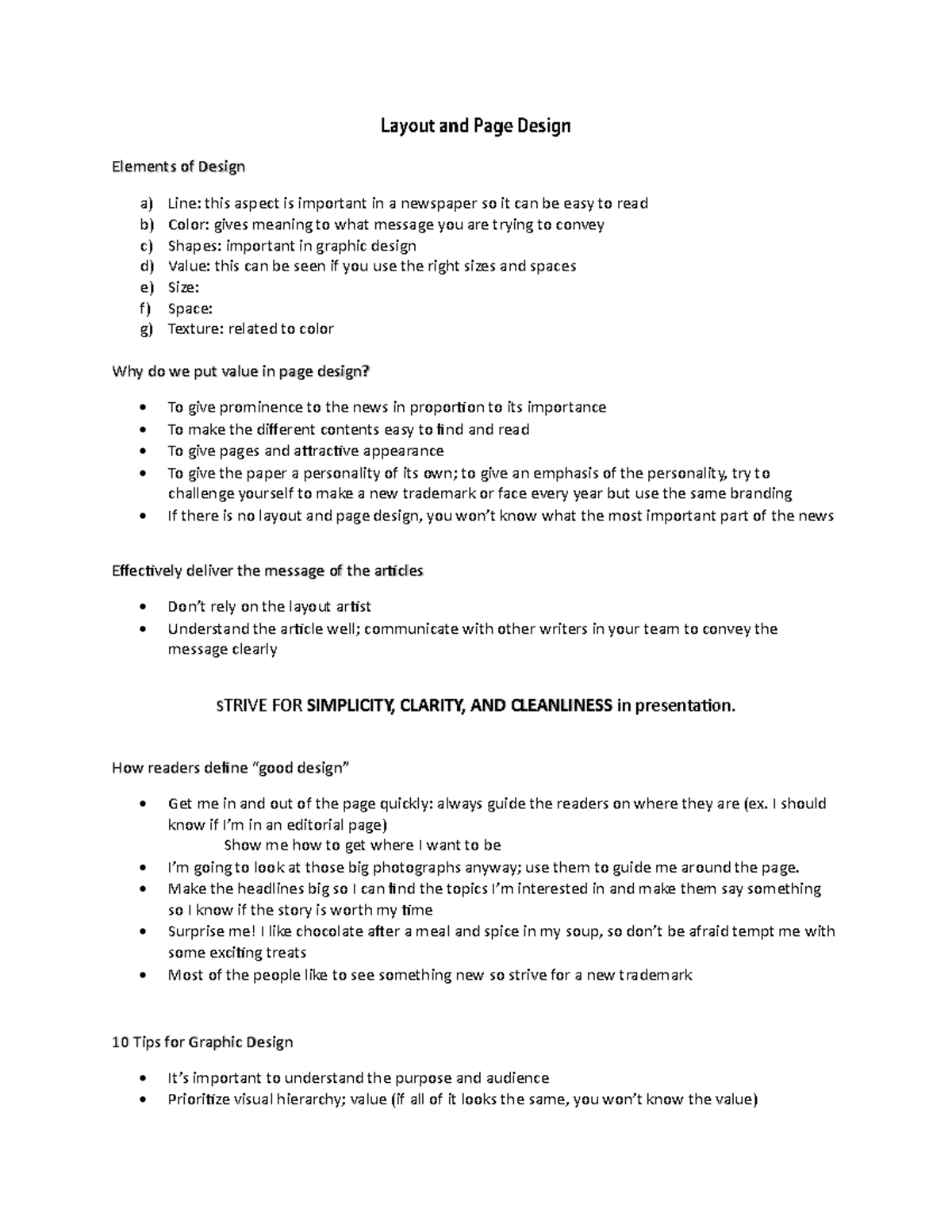Layout and page design notes - Elements of Design a) Line: this aspect ...