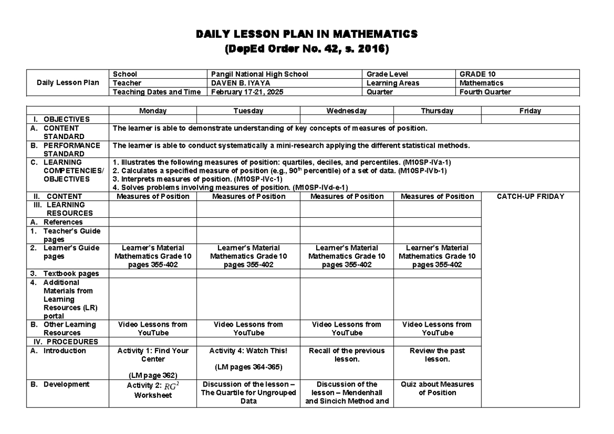 Mathematics 123 - DAILY LESSON PLAN IN MATHEMATICS (DepEd Order No. 42 ...