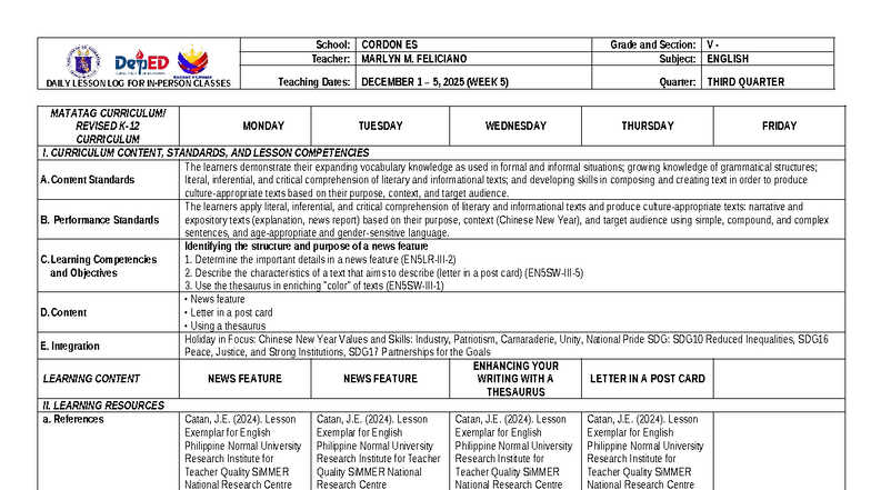 G5 English DLL Q3 W5: Daily Lesson Log on News Features and Thesaurus ...