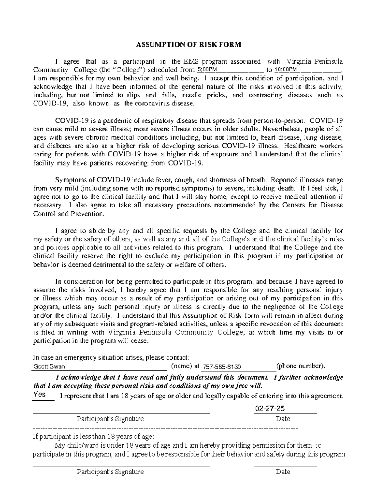 College Assumption of Risk Form General Covid-19 -2022 - ASSUMPTION OF ...