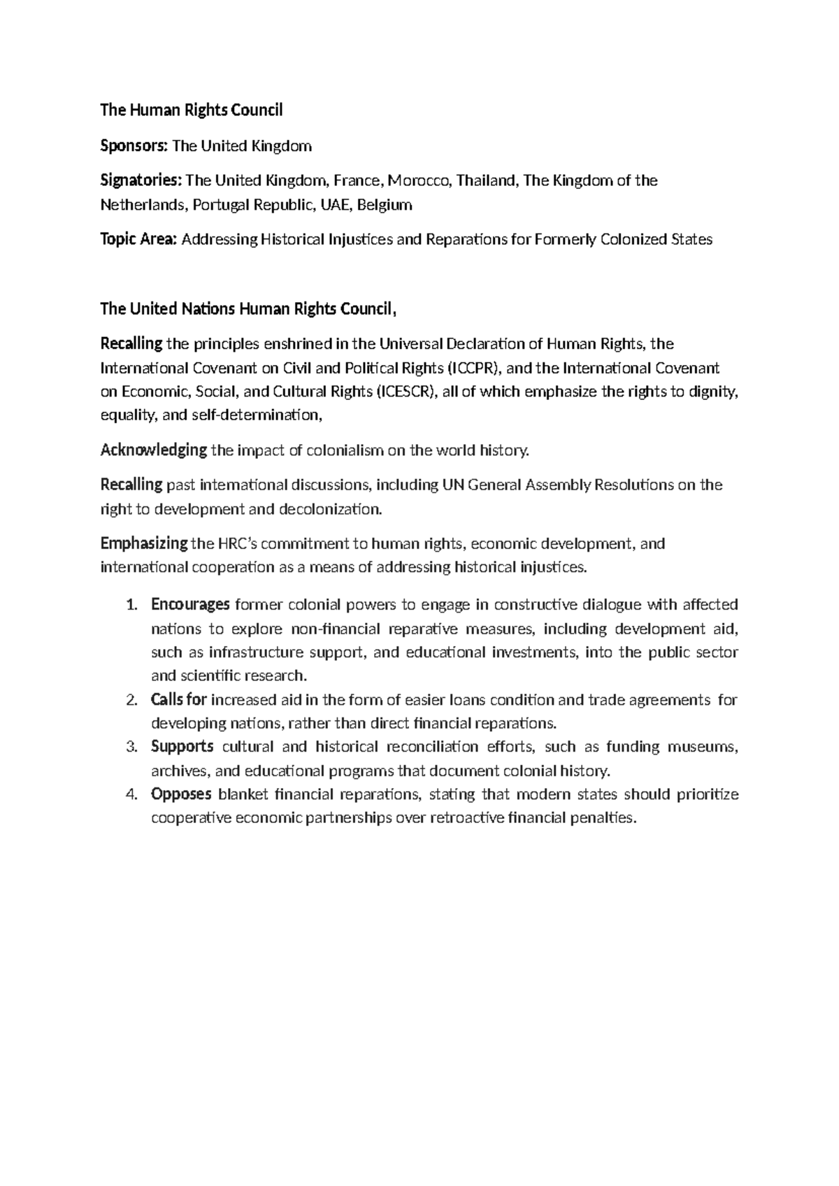 UNHRC Draft Resolution: Addressing Colonial Historical Injustices ...