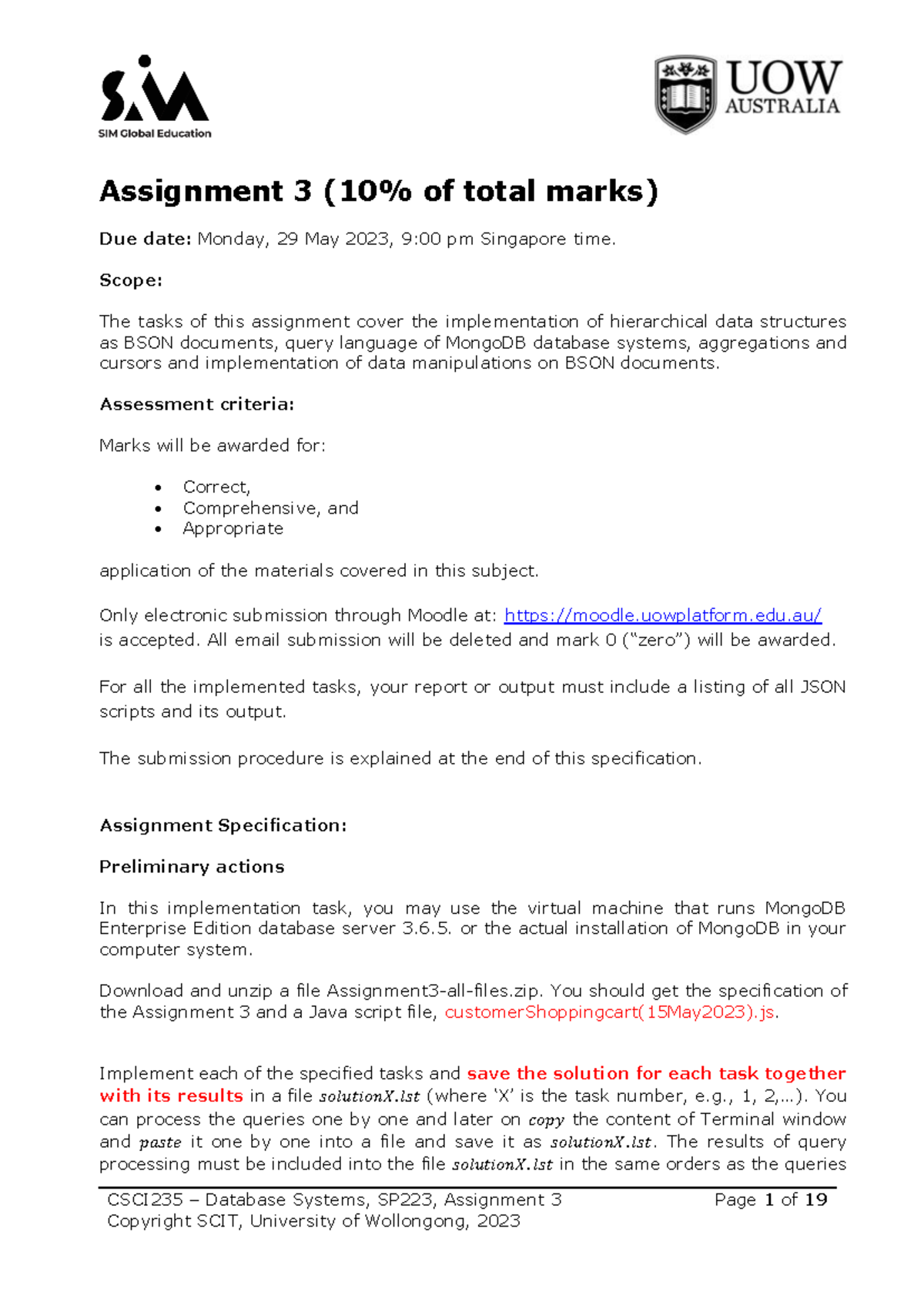 CSCI235 Assignment 3 Marking Scheme for Database Systems 2023S2 - Studocu