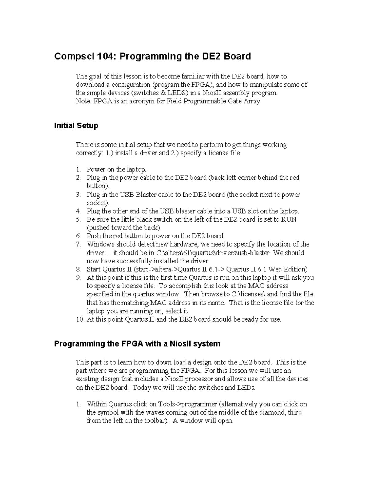Practical - Compsci 104 programming the de2 board - Compsci 104 ...