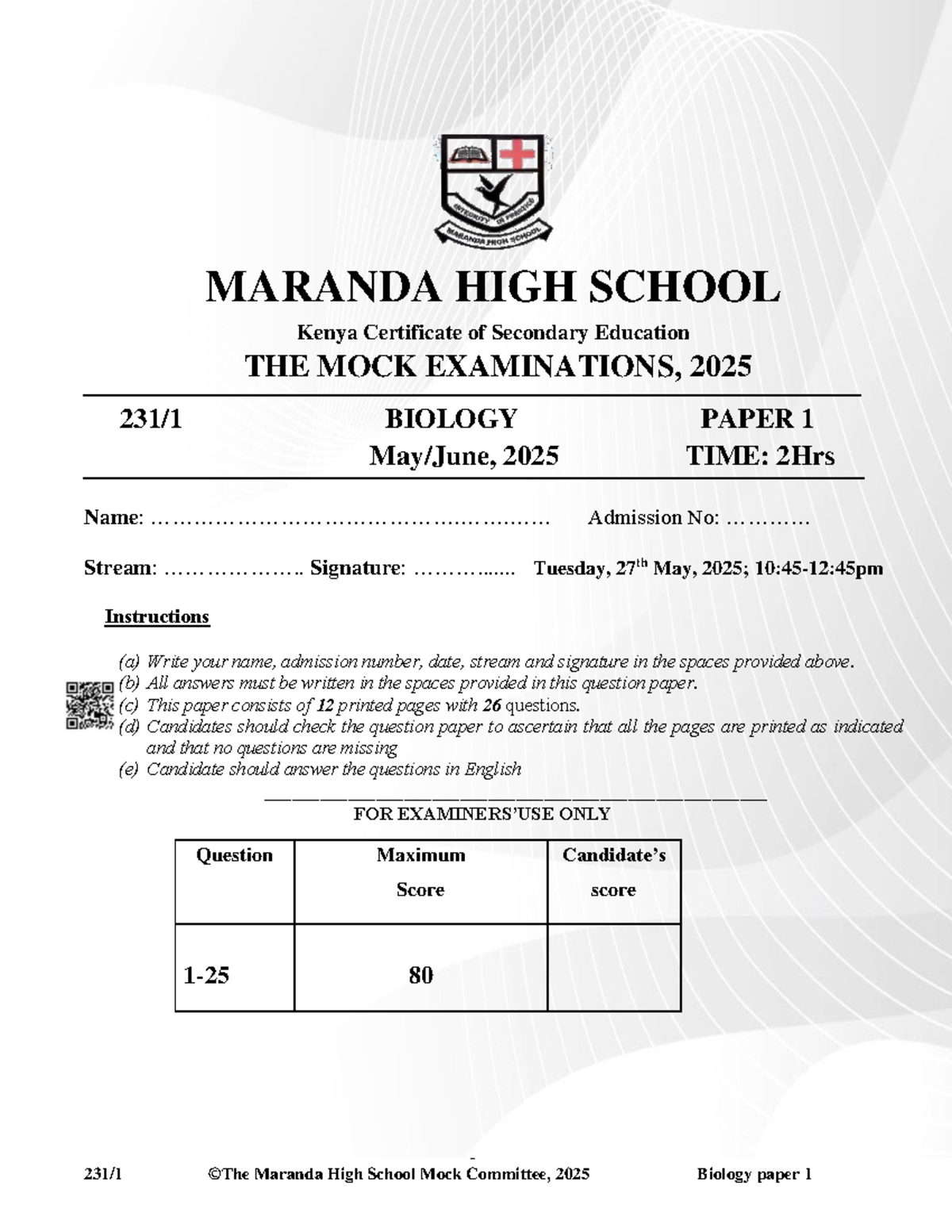Maranda High School Mock Exam 2025: Biology Paper 1 Questions - Studocu