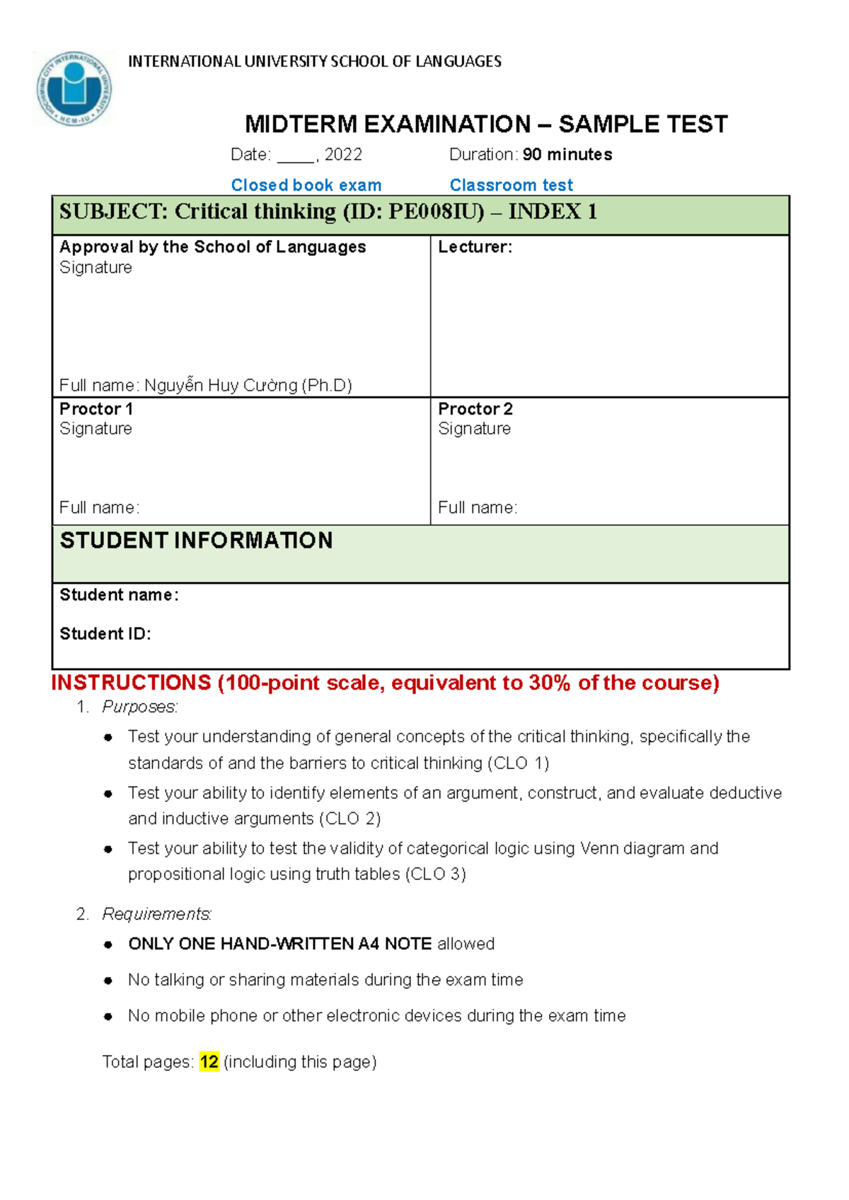 PE008IU Critical Thinking Midterm Exam Sample Test 2022 - Studocu