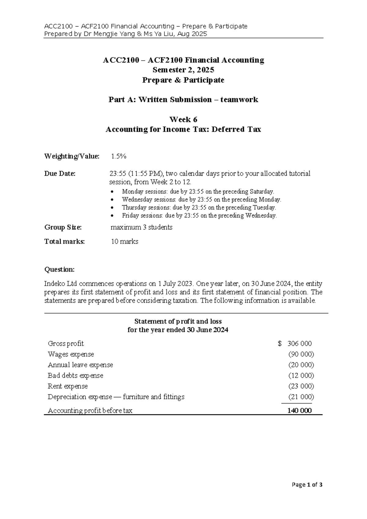 ACC-ACF2100 Financial Accounting Deferred Tax Worksheet S2 2025 - Studocu