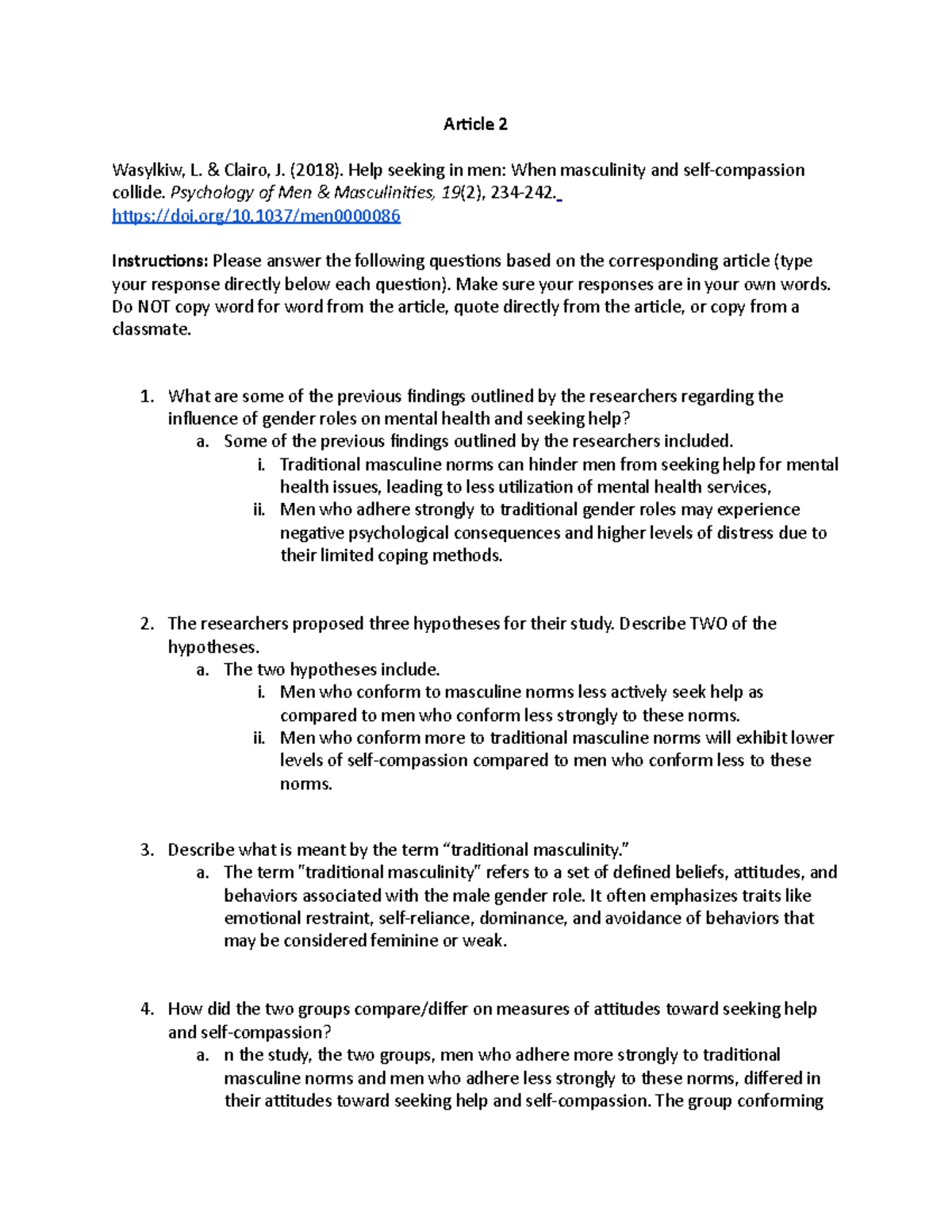 Article 2 Questions - Article 2 Wasylkiw, L. & Clairo, J. (2018). Help ...