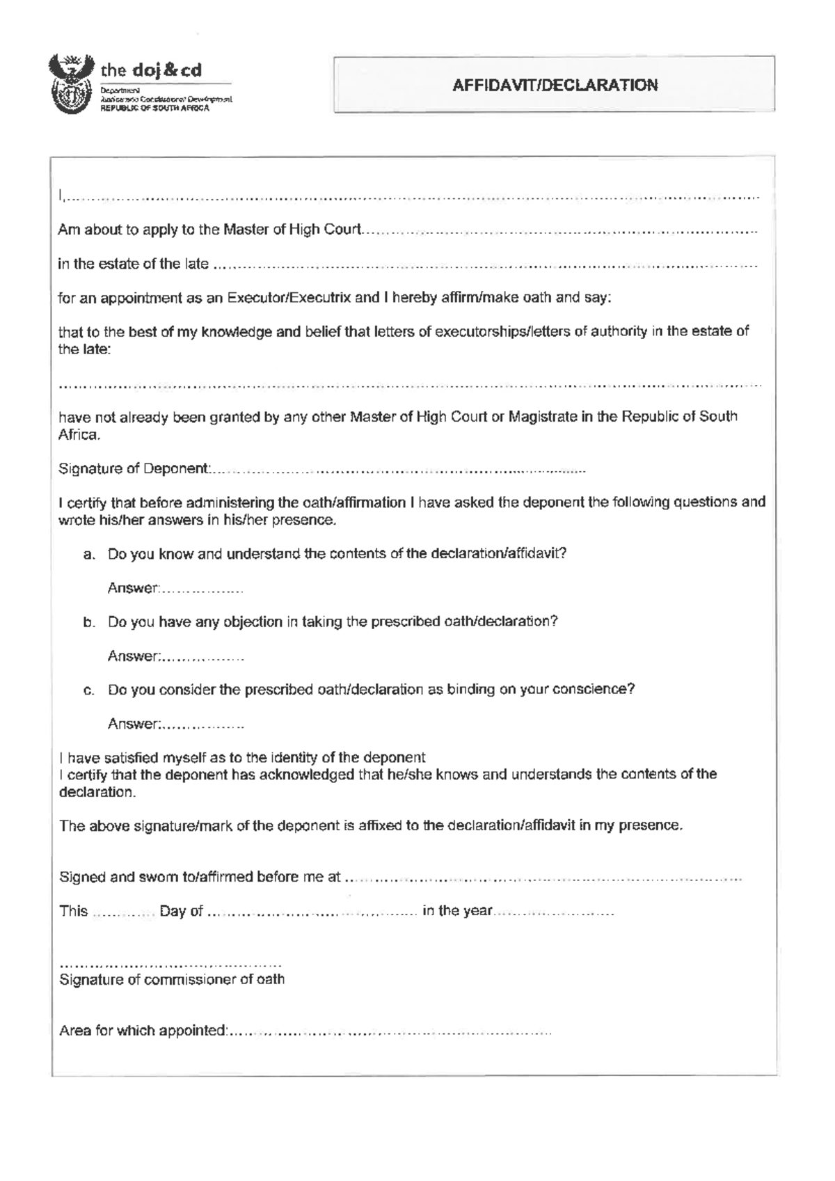 Affidavit Declaration for Master of High Court Application DOK - Studocu